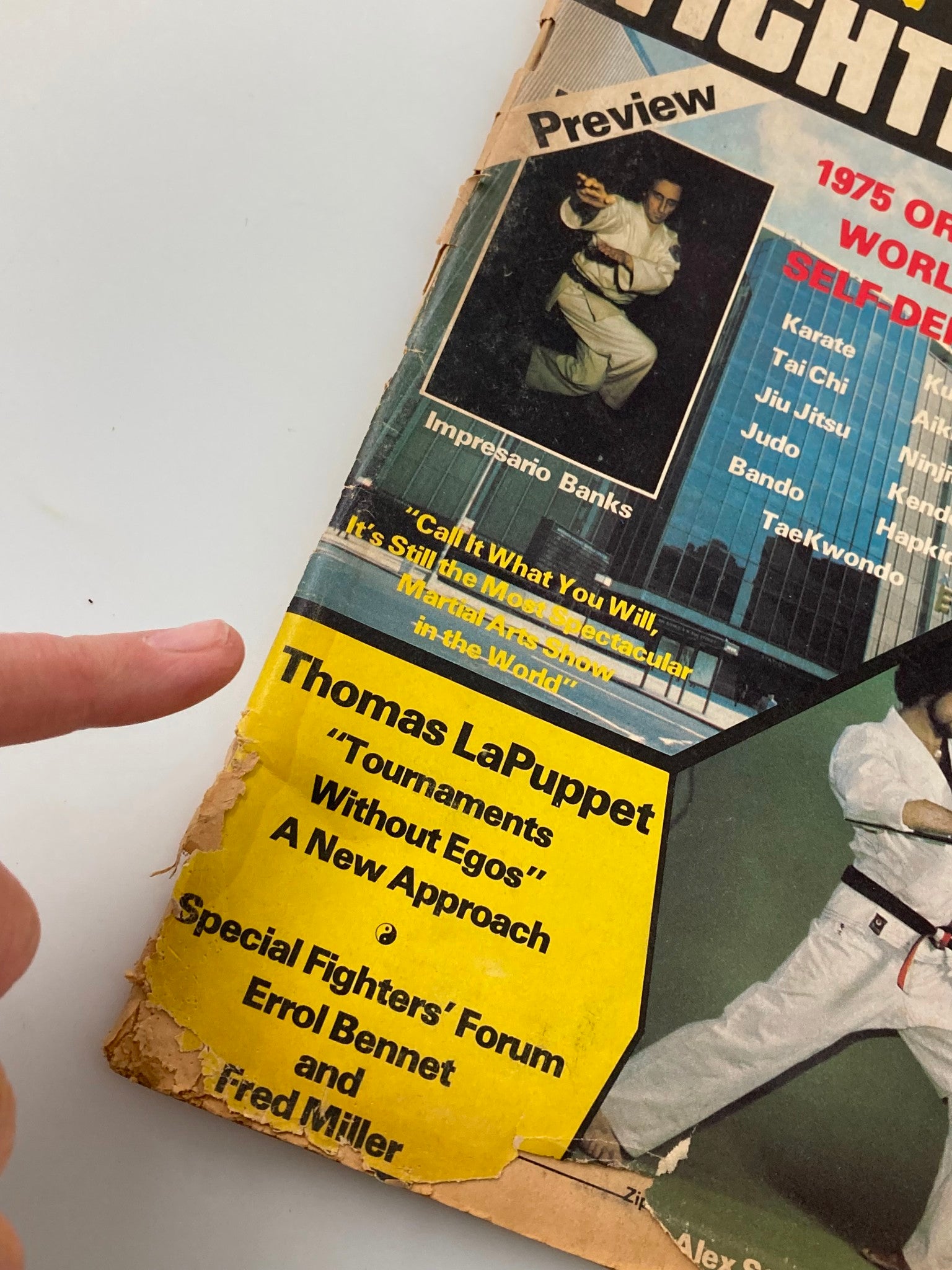 Detail of VTG Oriental Fighting Arts Magazine July 1975 emphasizing martial arts competitions and training approaches.