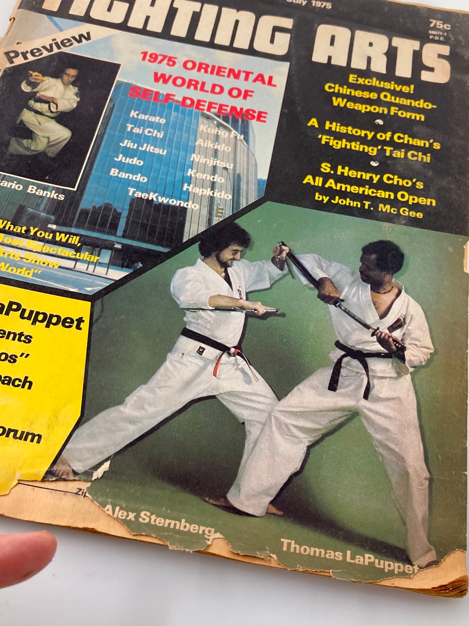 Showcase of martial arts practitioners on the cover of VTG Oriental Fighting Arts Magazine July 1975, highlighting fighting disciplines.