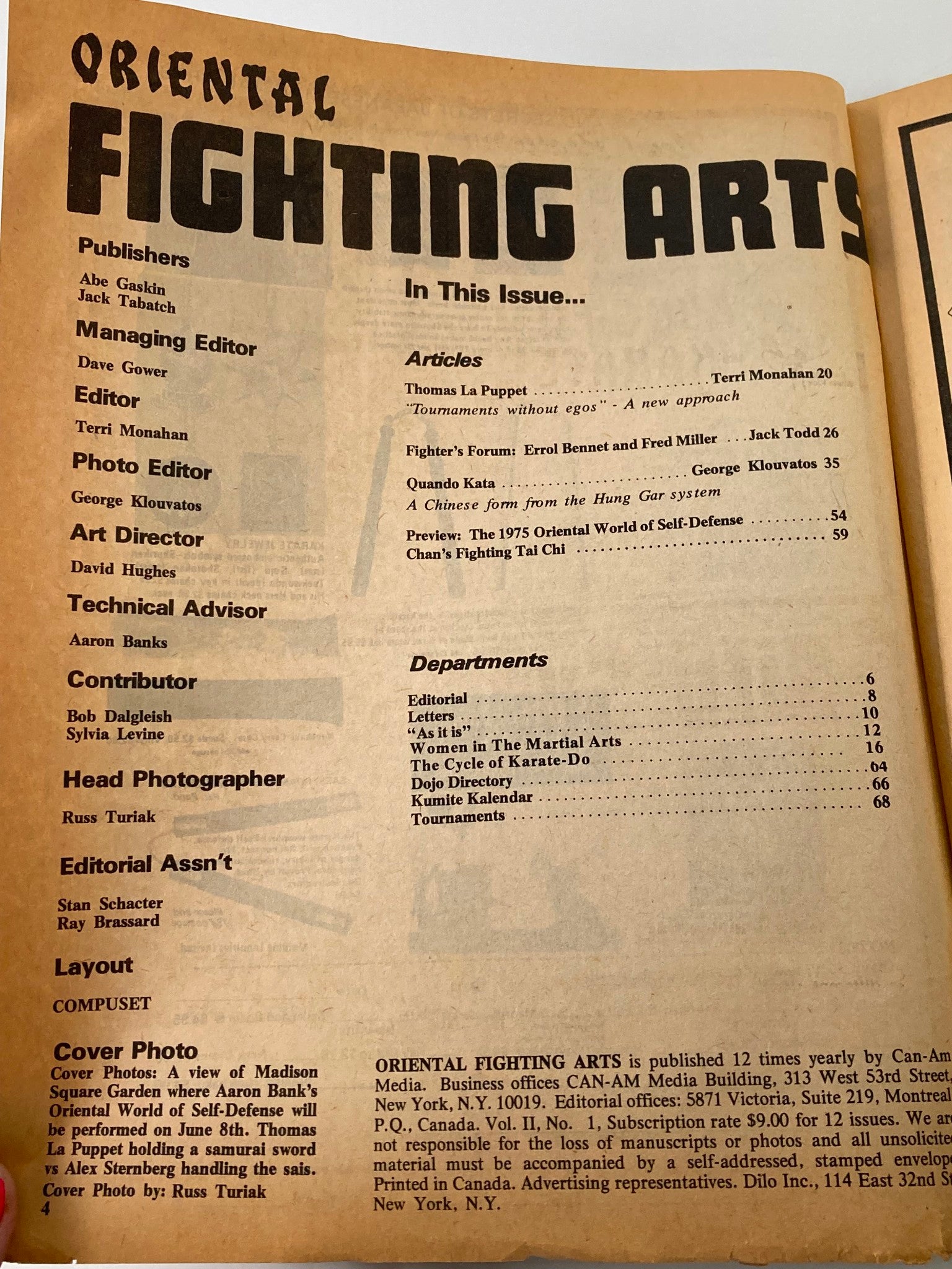 Interior page of VTG Oriental Fighting Arts Magazine July 1975 showing table of contents and articles including Thomas La Puppet and Fighter's Forum.