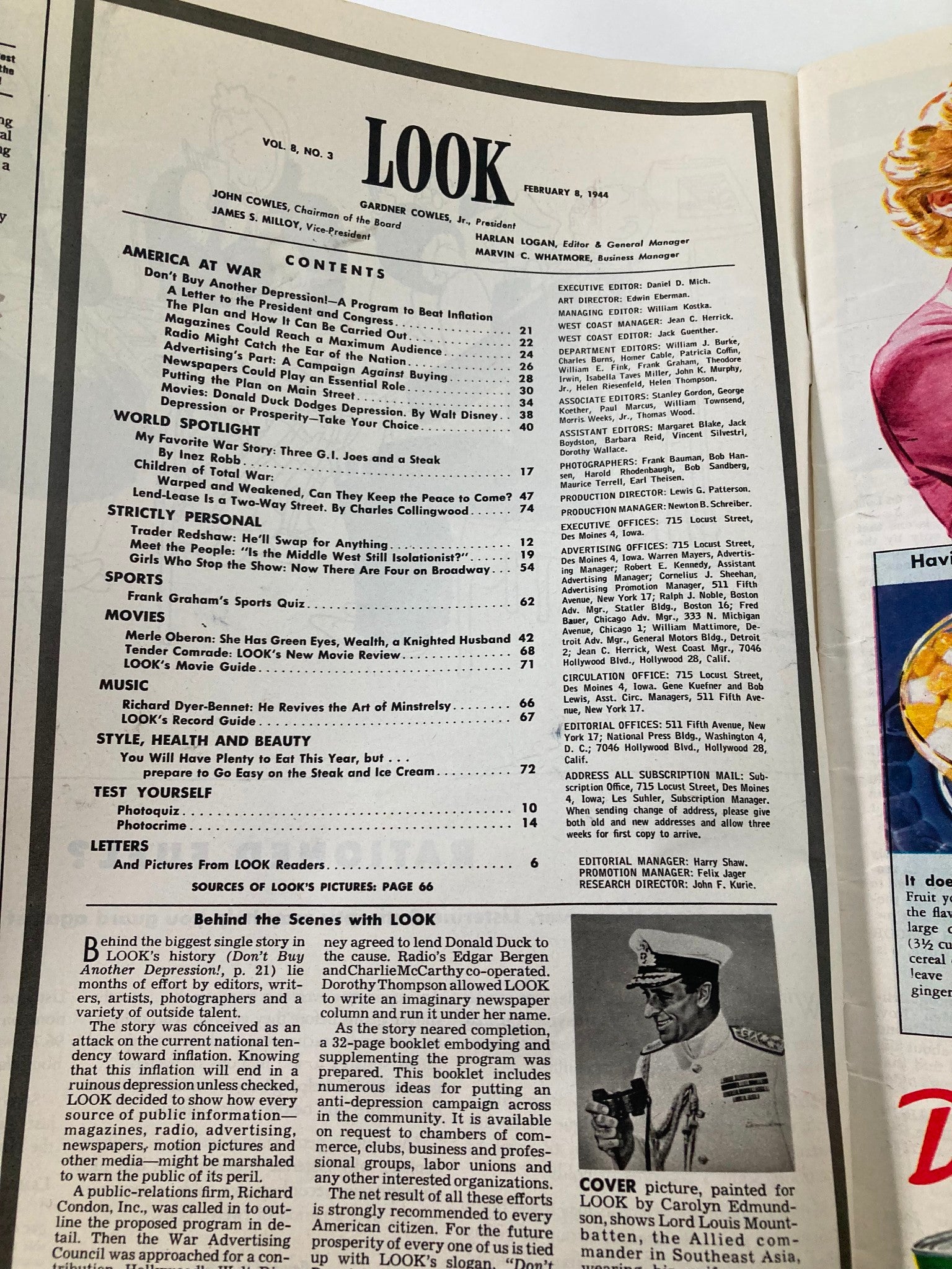 VTG Look Magazine February 8 1944 Picture of Lord Louis Mountbatten No Label