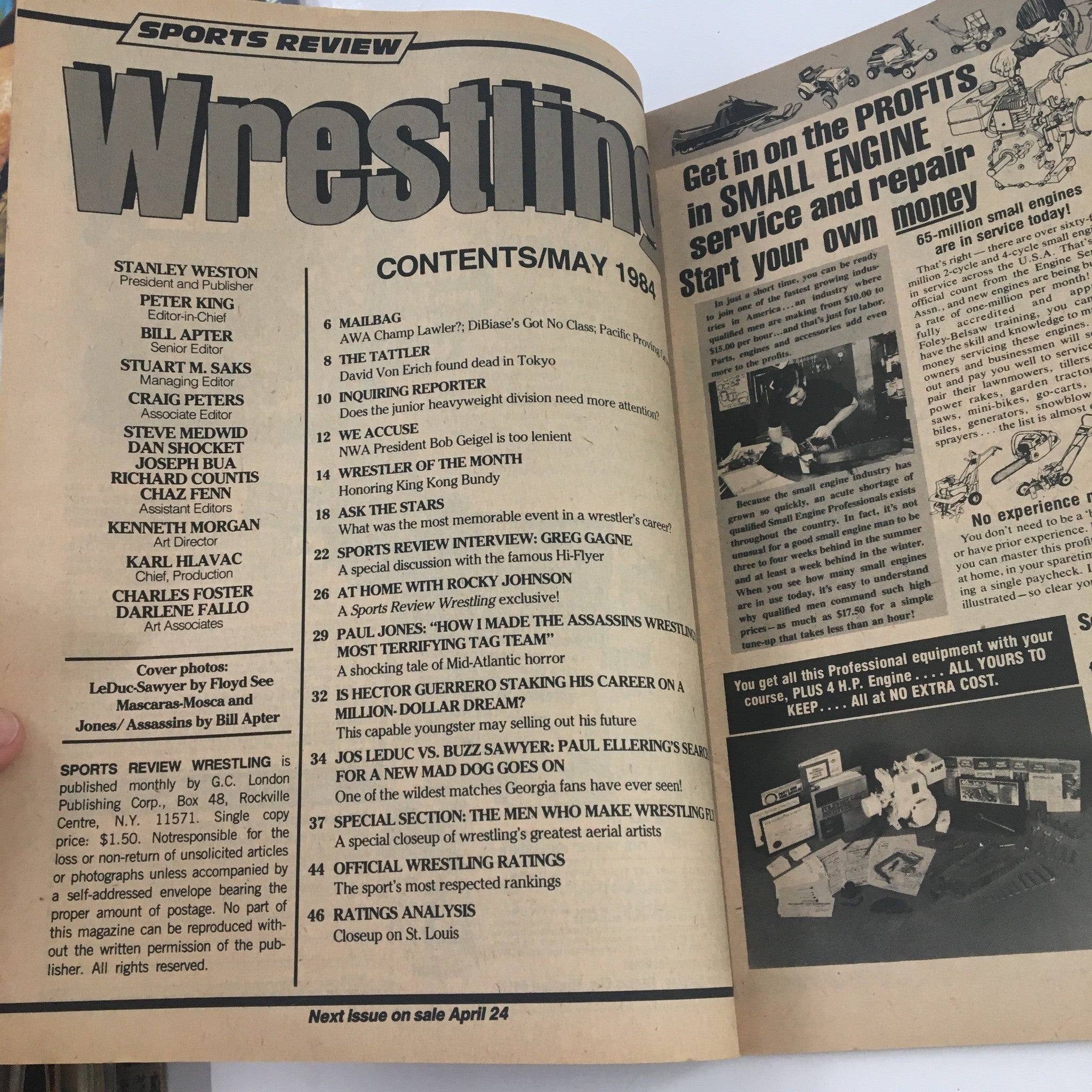 Inside page of Sports Review Wrestling Magazine May 1984 featuring the table of contents with articles about wrestling legends.