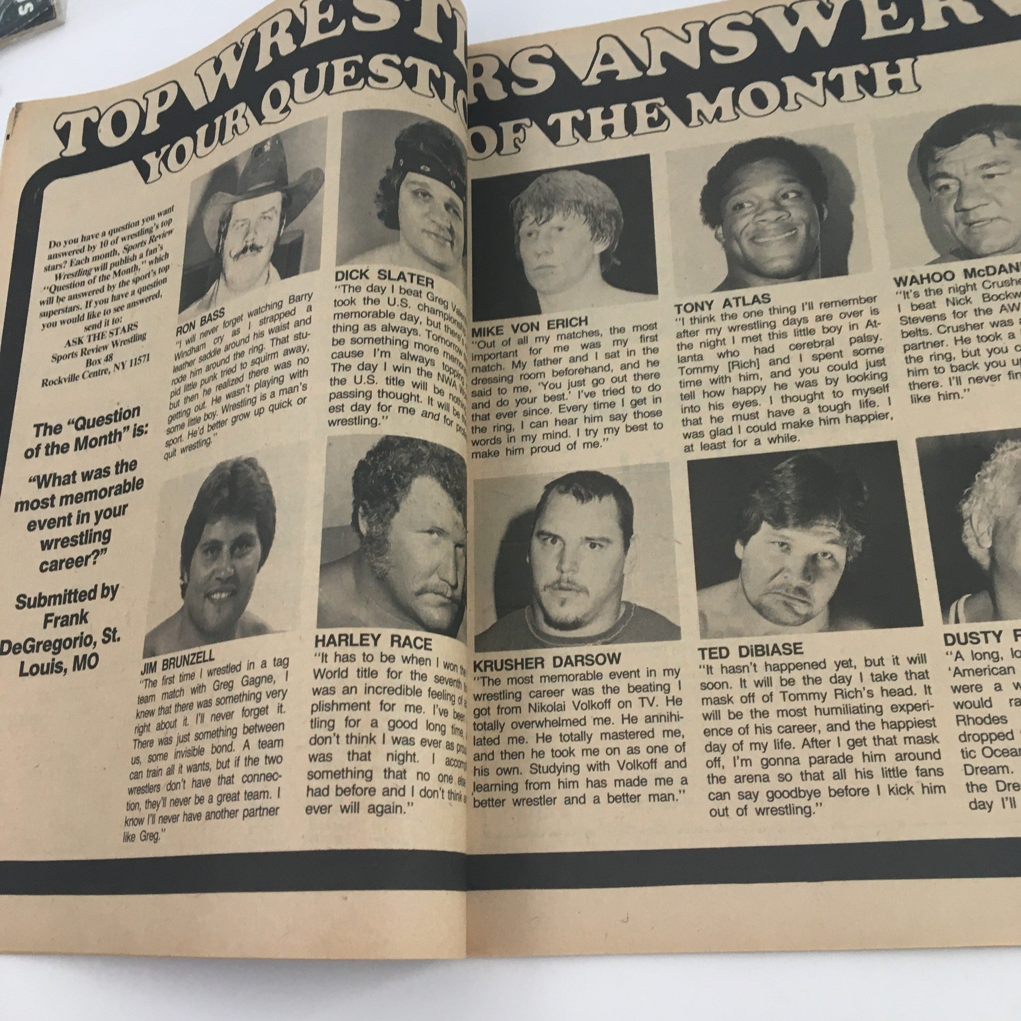 Inside page of Sports Review Wrestling Magazine May 1984 showcasing top wrestlers answering the question of the month about memorable wrestling events.