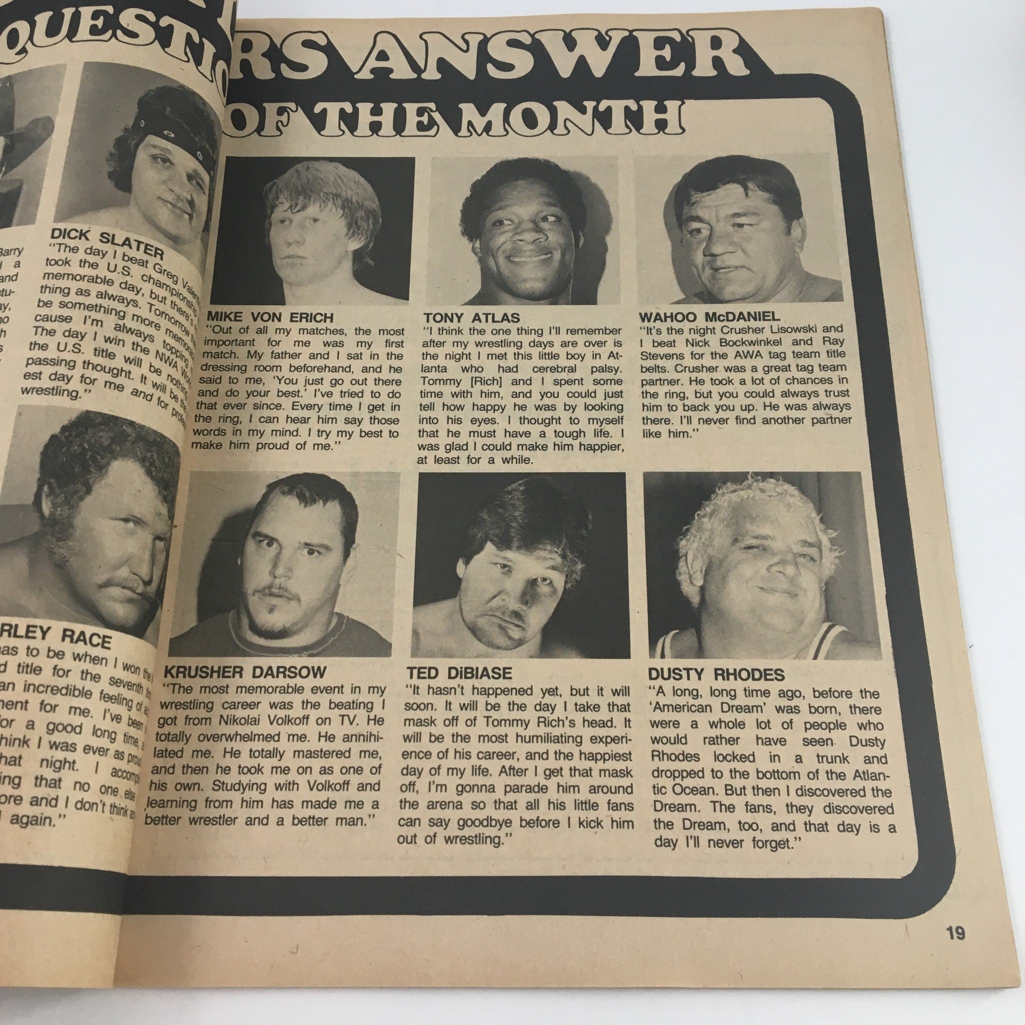 Continuation of top wrestlers answering the question of the month in Sports Review Wrestling Magazine May 1984.