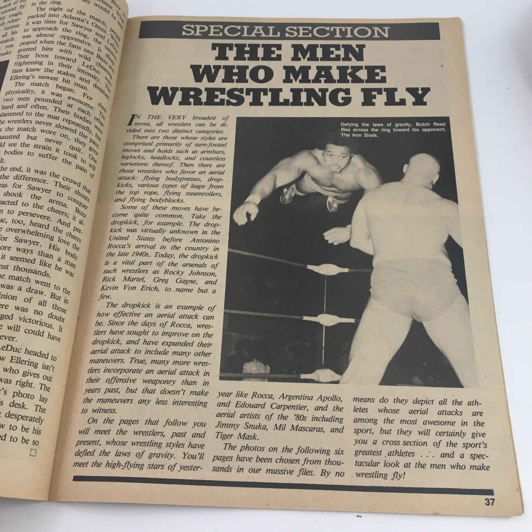 Special section of Sports Review Wrestling Magazine May 1984 titled 'The Men Who Make Wrestling Fly' discussing aerial maneuvers in wrestling.