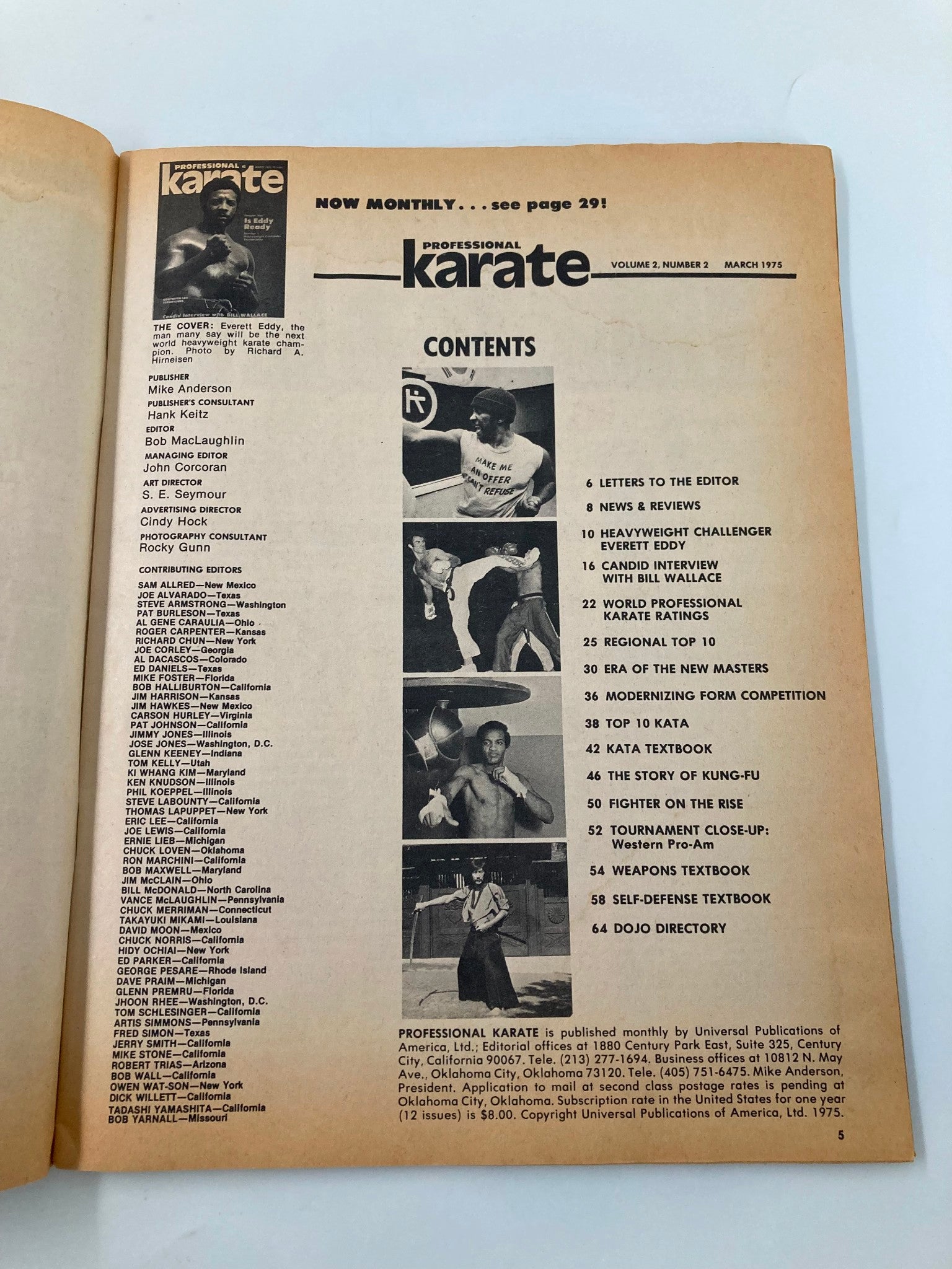 Contents page of the VTG Professional Karate Magazine March 1975, showcasing articles and features related to martial arts, including an introduction to Everett Eddy. The magazine highlights its transition to a monthly publication.