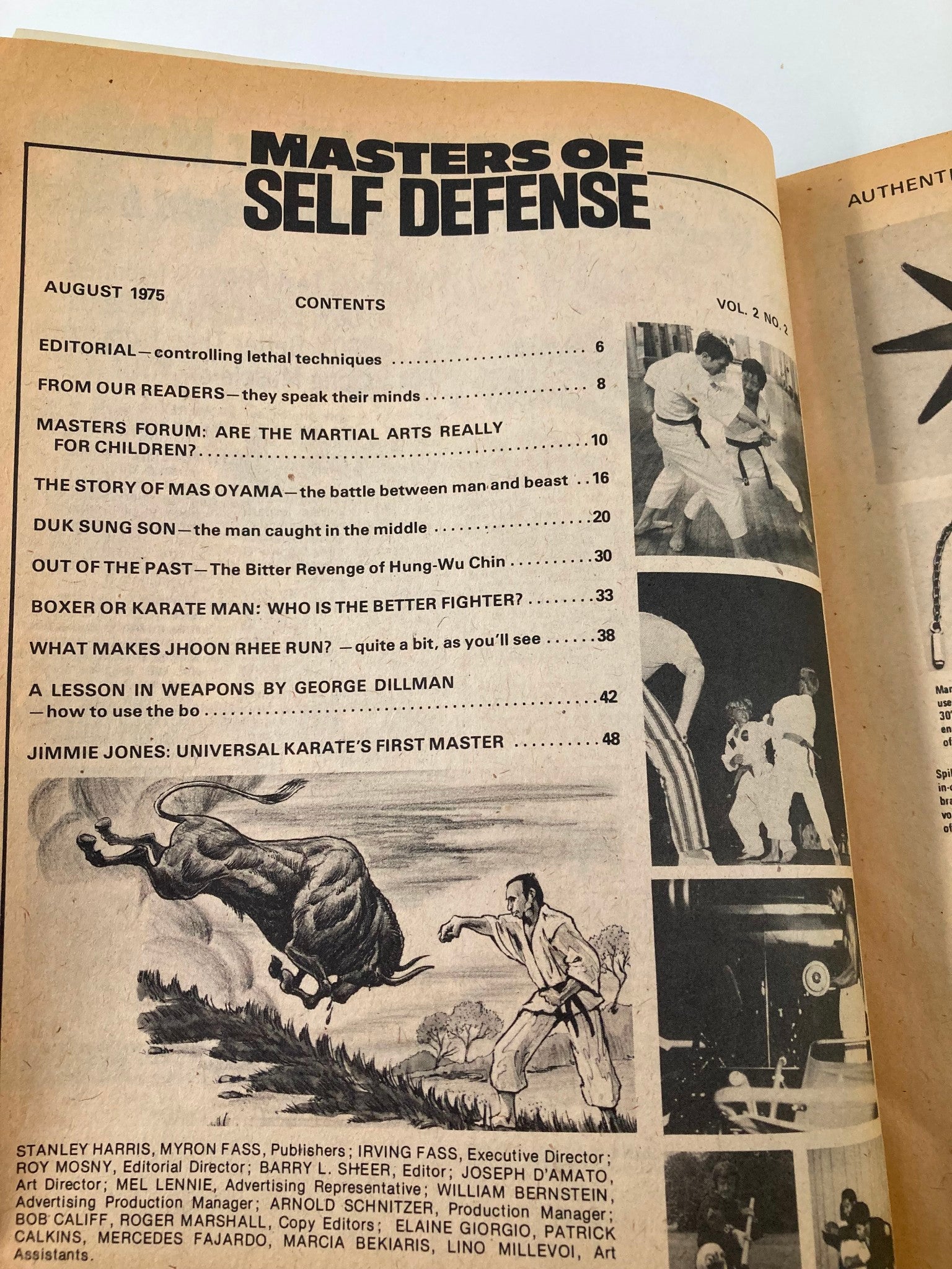 Contents page of VTG Master of Self Defense Magazine August 1975 featuring topics on martial arts techniques, including Jimmie Jones's article as Universal Karate's First Master.