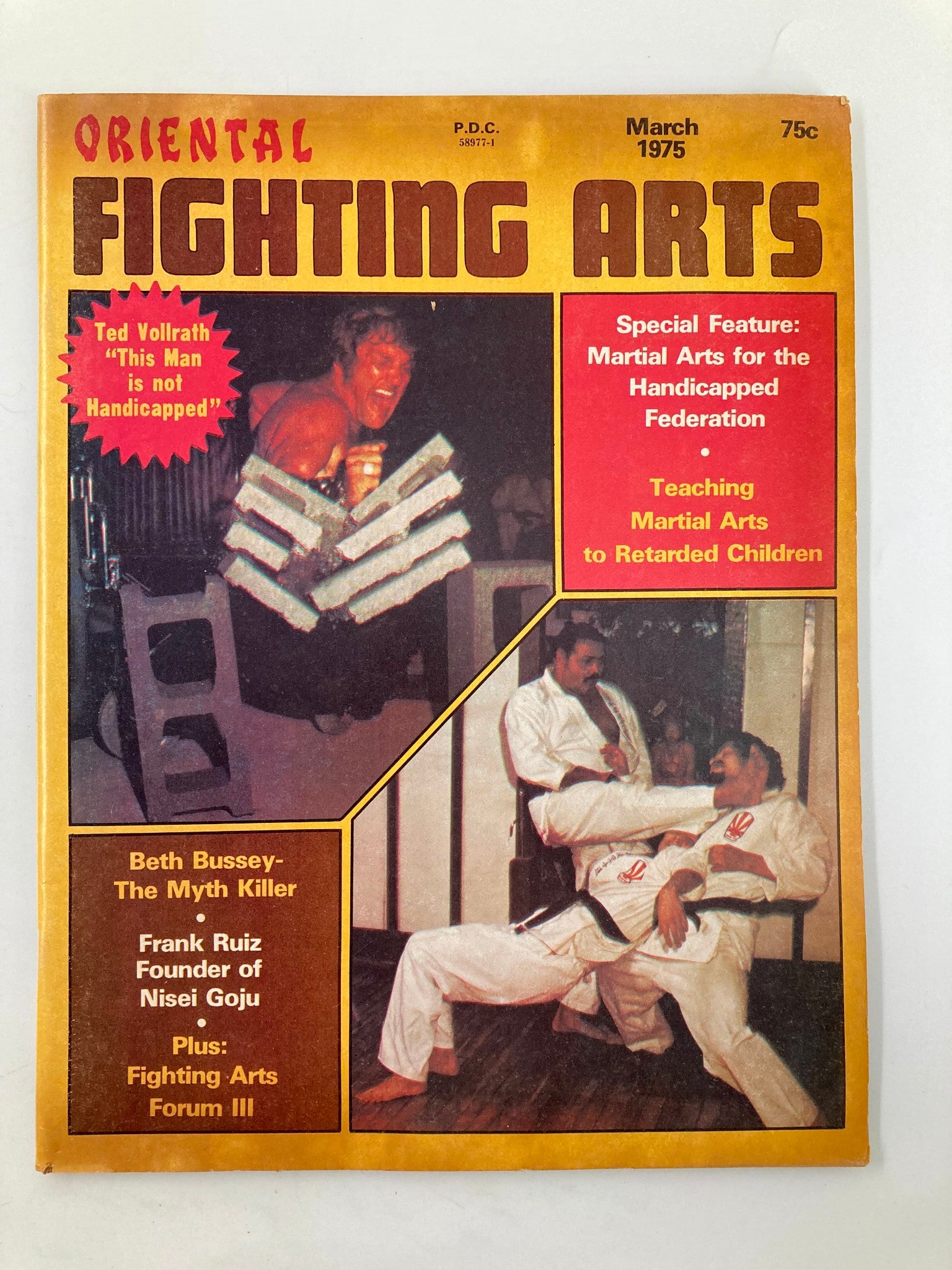 Cover of VTG Oriental Fighting Arts Magazine, March 1975 edition featuring the article 'Myth Killer' by Beth Bussey, includes images of martial arts techniques and highlights a special feature on martial arts for the handicapped.