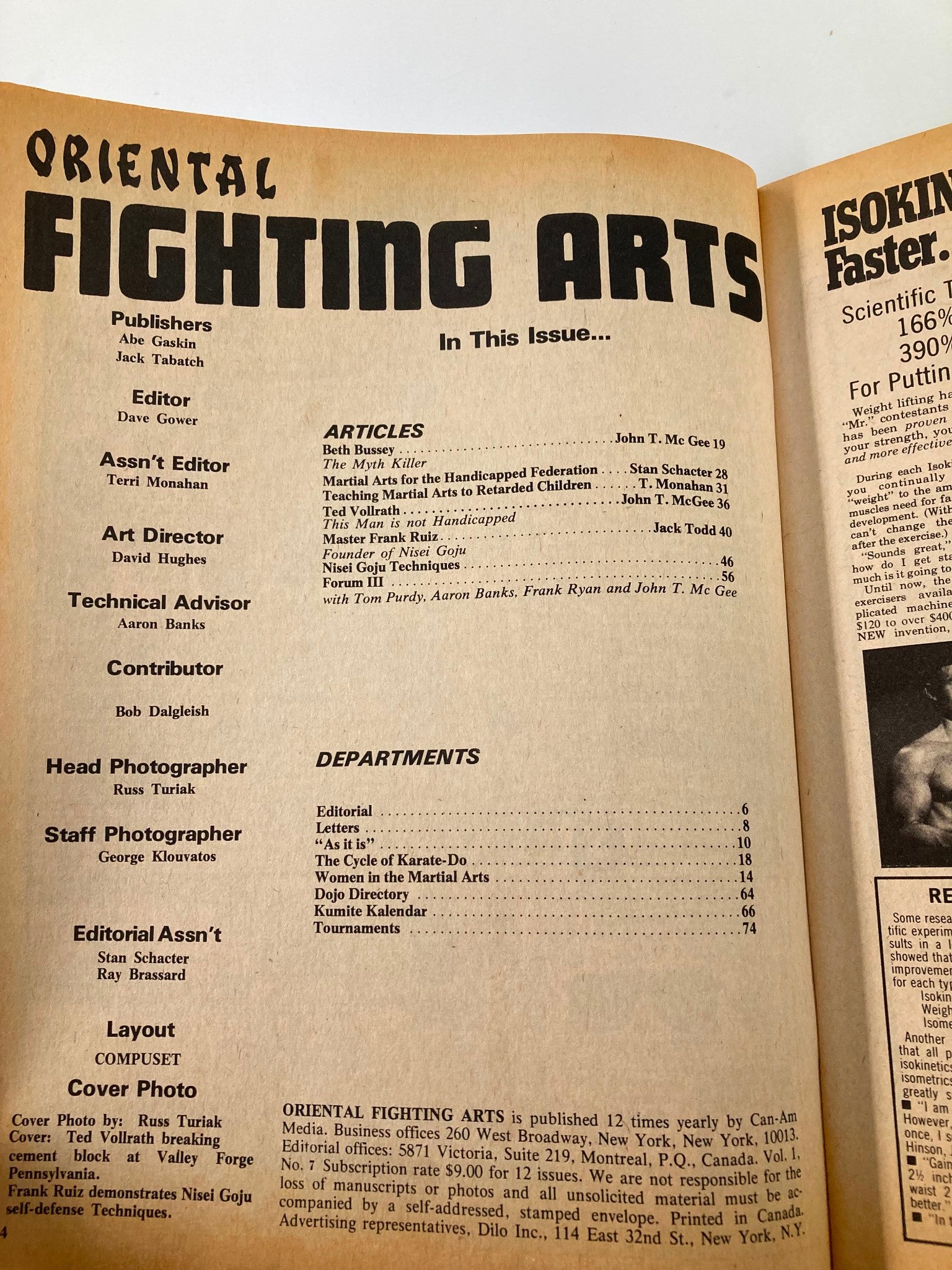 Interior page of VTG Oriental Fighting Arts Magazine March 1975 displaying the table of contents and article listings, including 'Myth Killer' by Beth Bussey, various departments, and contributors.
