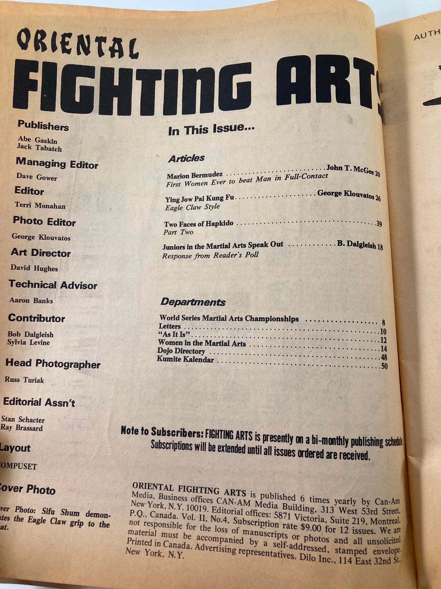 Contents page of the VTG Oriental Fighting Arts Magazine November 1975 detailing featured articles including Marion Bermudez and martial arts techniques.