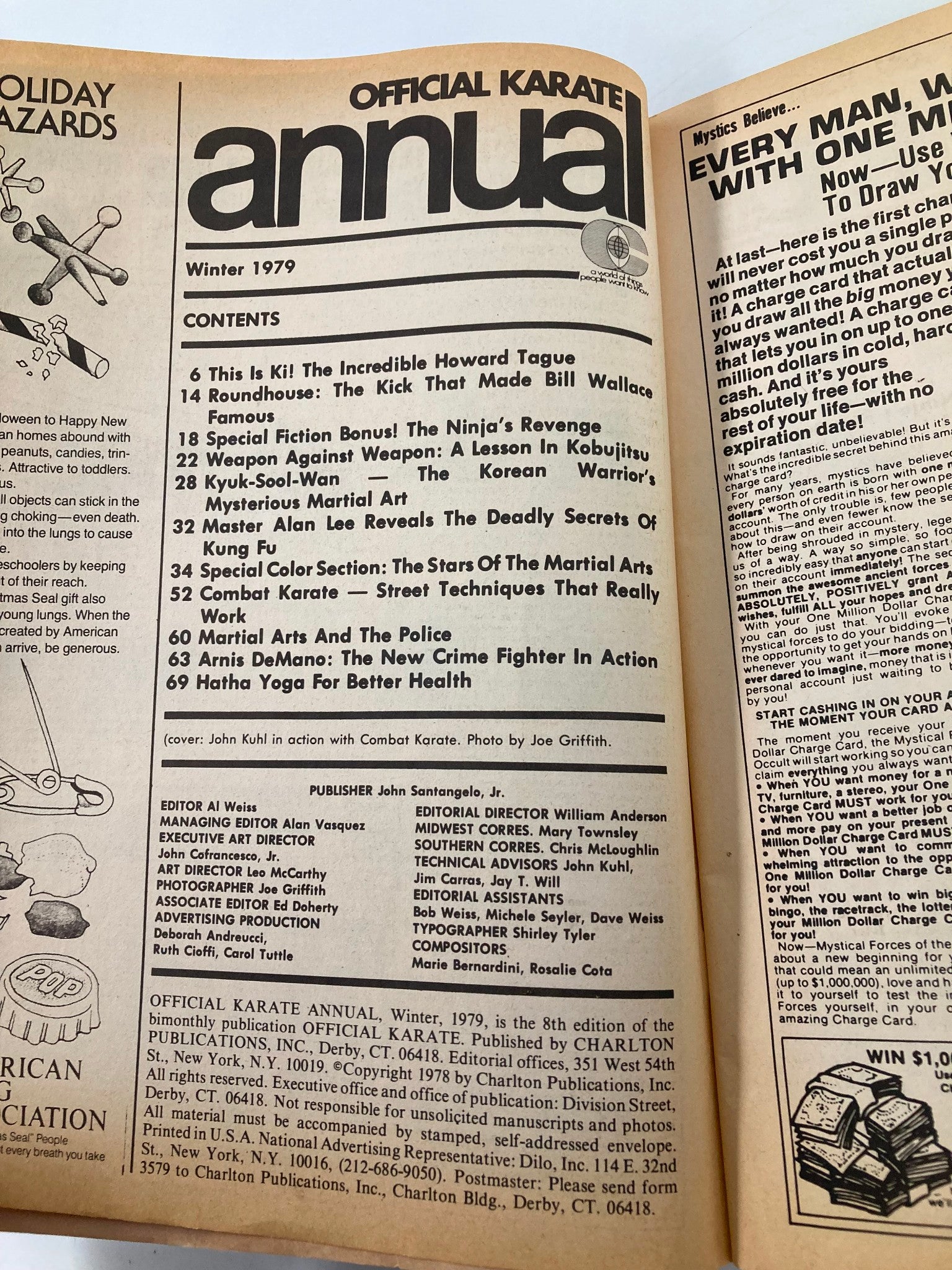 Inside page of the VTG Official Karate Annual Magazine Winter 1979 displaying contents, including articles on martial arts techniques and instruction.