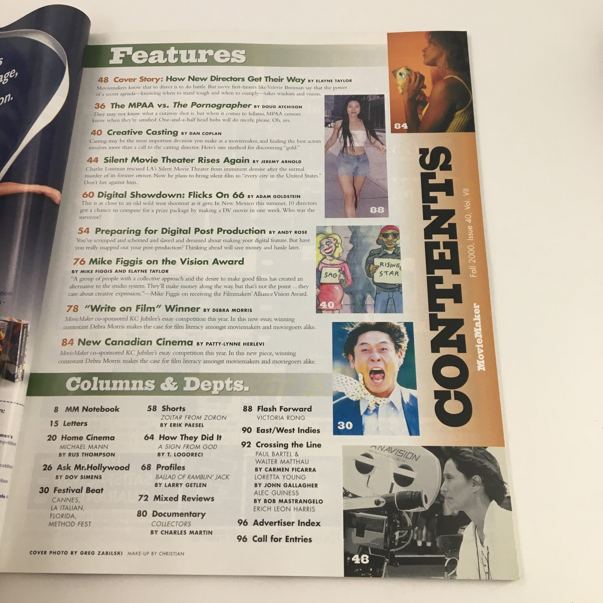 Contents page of Movie Maker Magazine Fall 2000, listing features and columns, including articles about casting and new directions in film.