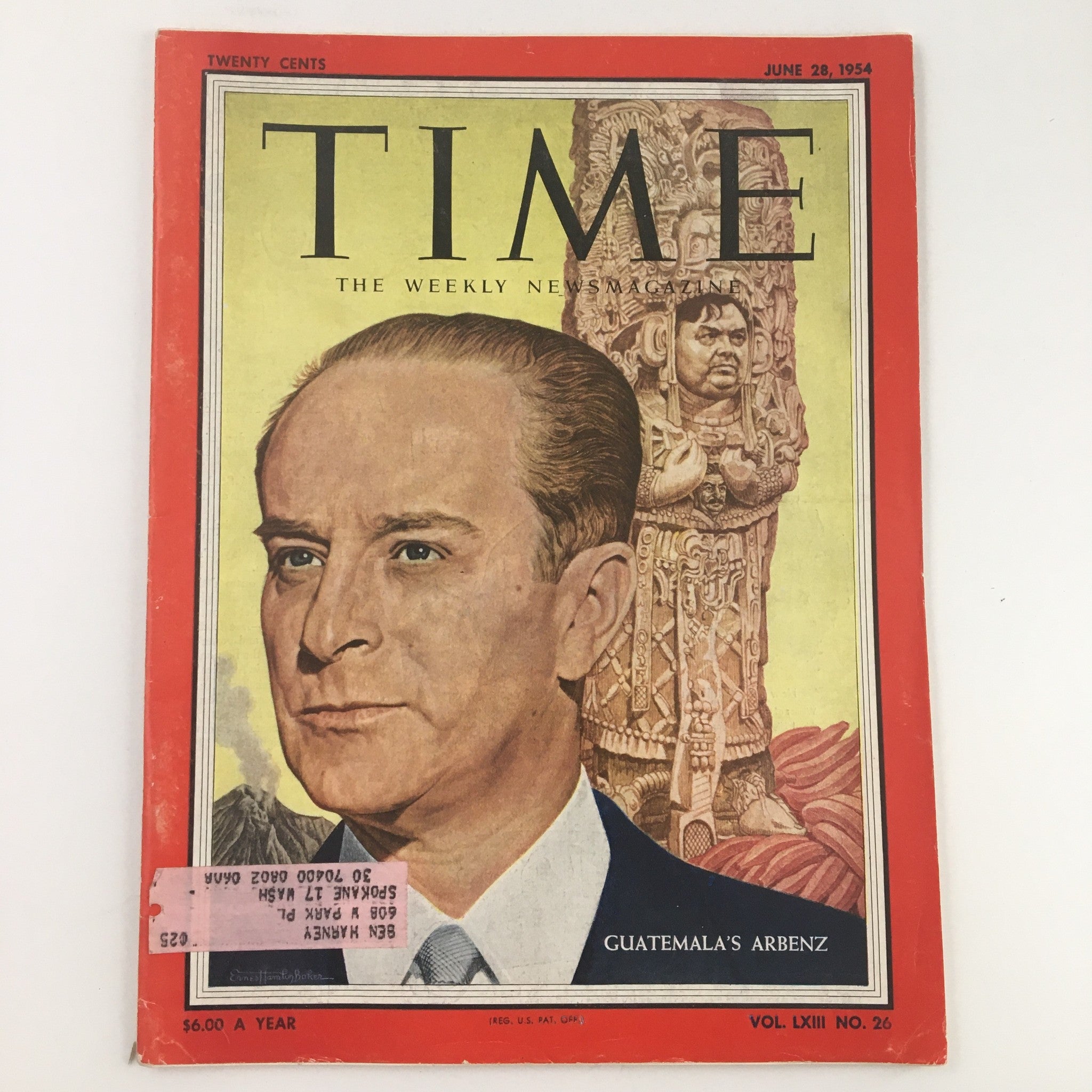 Cover of Time Magazine June 28, 1954, featuring Guatemala's Jacobo Árbenz, highlighting historical political themes with a vivid image of the leader and intricate background.