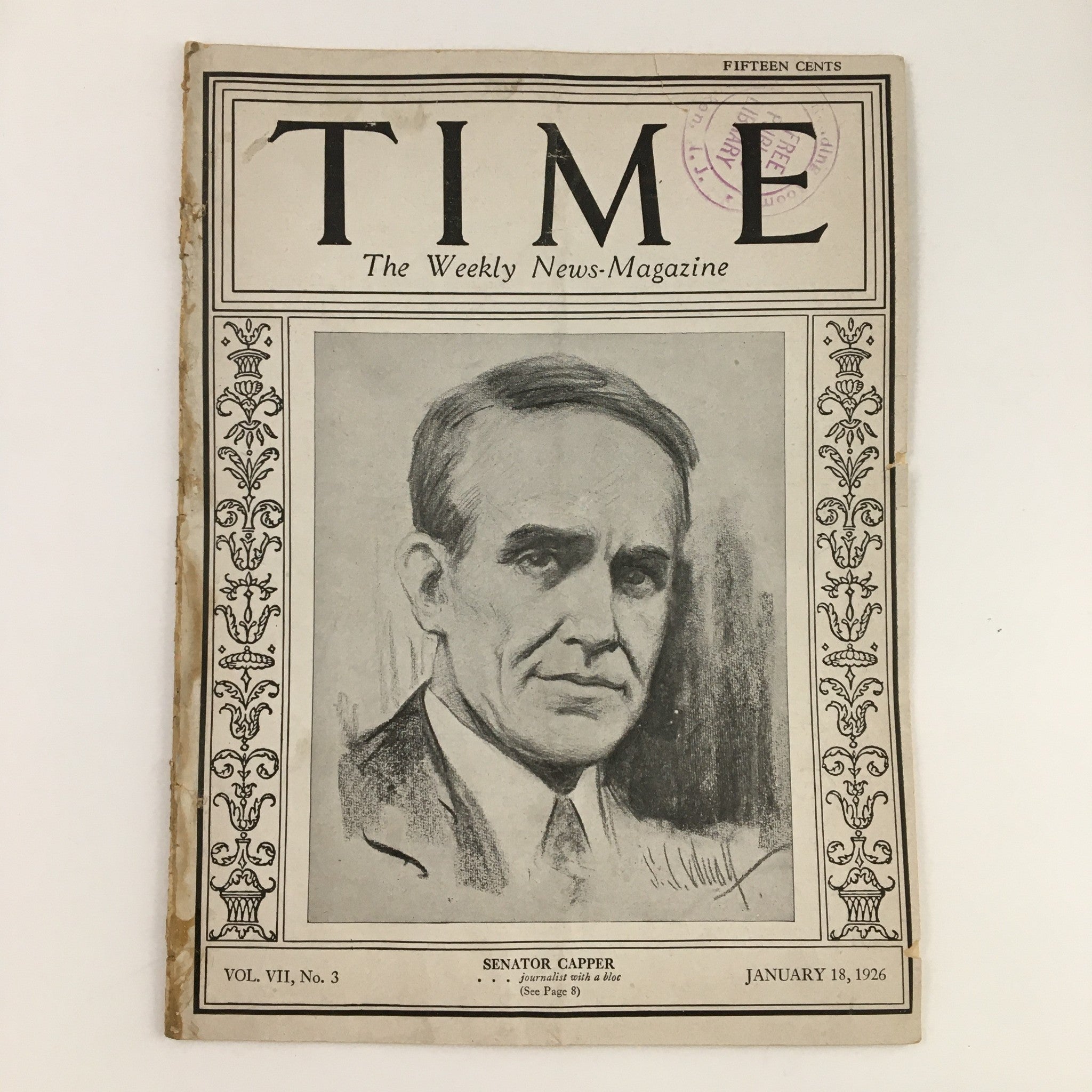 Time Magazine January 18 1926 Vol. VII No. 3 Senator Arthur Capper, No Label