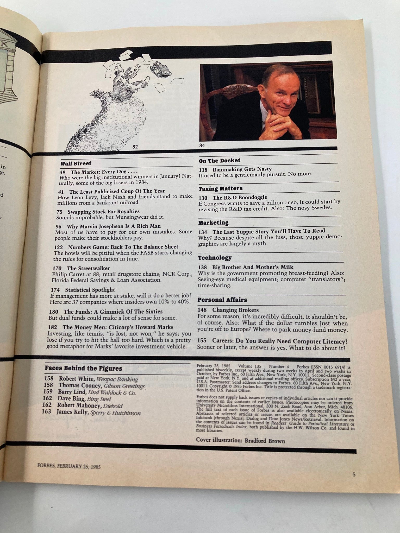 Another page from Forbes Magazine, February 25, 1985, displaying articles and segments related to business trends, marketing, and finance, contextualizing the era's economic challenges.