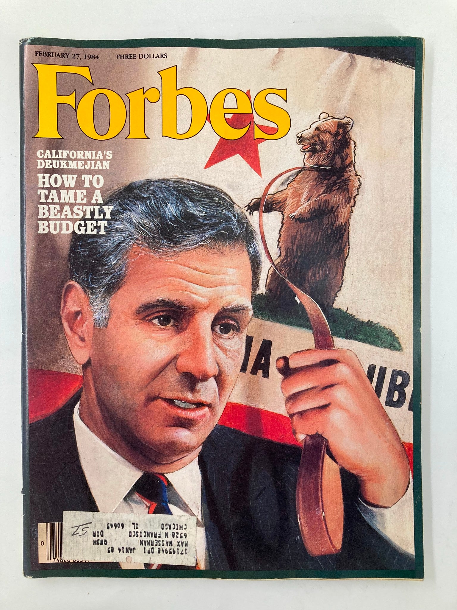 Cover of VTG Forbes Magazine February 27 1984 featuring George Deukmejian, with the headline 'HOW TO TAME A BEASTLY BUDGET' and an illustration of a bear.