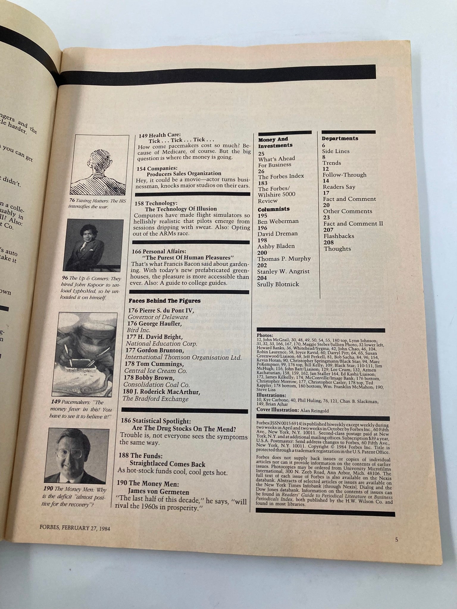 Another inside page of VTG Forbes Magazine February 27 1984 showing additional content, including a feature list and illustrations.