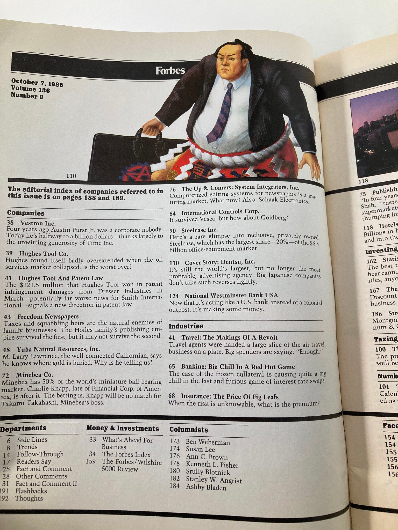 Interior page of the vintage Forbes Magazine from October 7, 1985, displaying the editorial index and featuring the cover story 'Japan's Ad Giant: Can Dentsu Cut It Overseas?' with an illustration of a businessman.