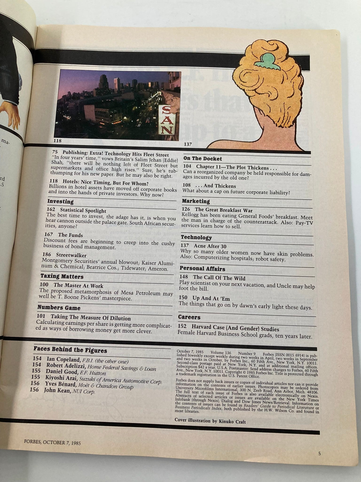 Interior view from Forbes Magazine October 7, 1985, showcasing various sections including 'Publishing', 'Investing', and 'Marketing', with the intriguing title 'Japan's Ad Giant: Can Dentsu Cut It Overseas?'. The page features fascinating insights into advertising history and global markets.