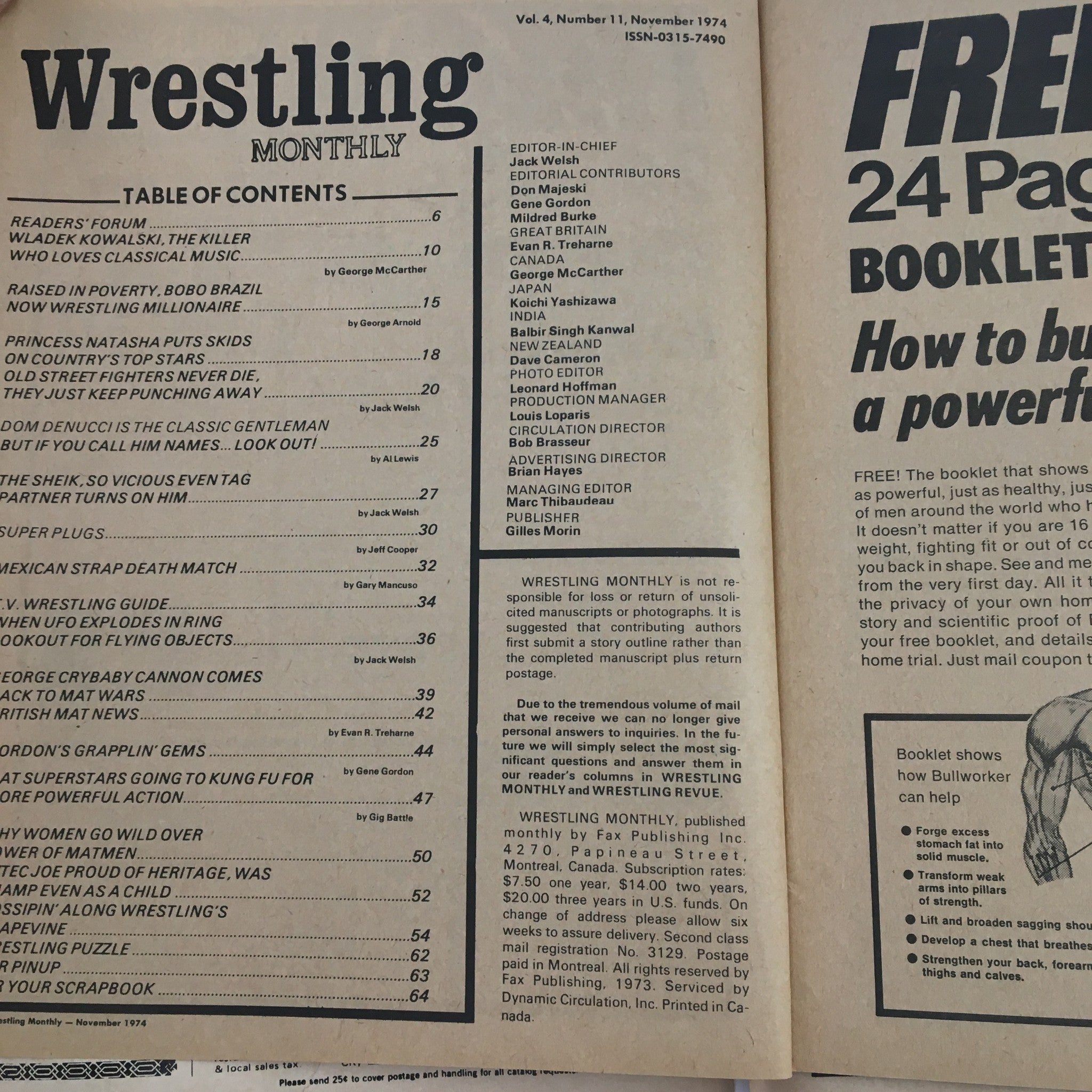 Wrestling Monthly Magazine November 1974 The Sheik & Mil Máscaras, No Label