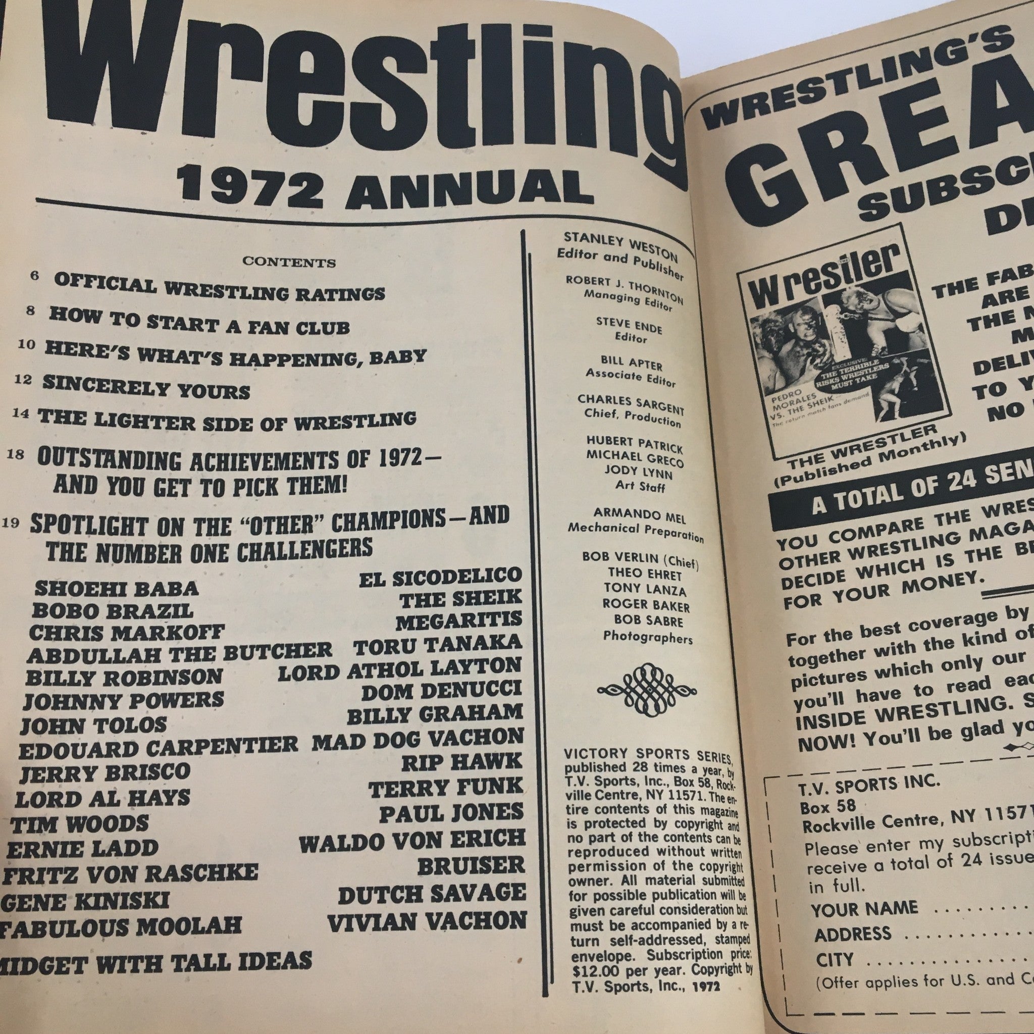 Wrestling 1972 Annual Shoehi Baba, Bobo Brazil & Chris Markoff, No Label