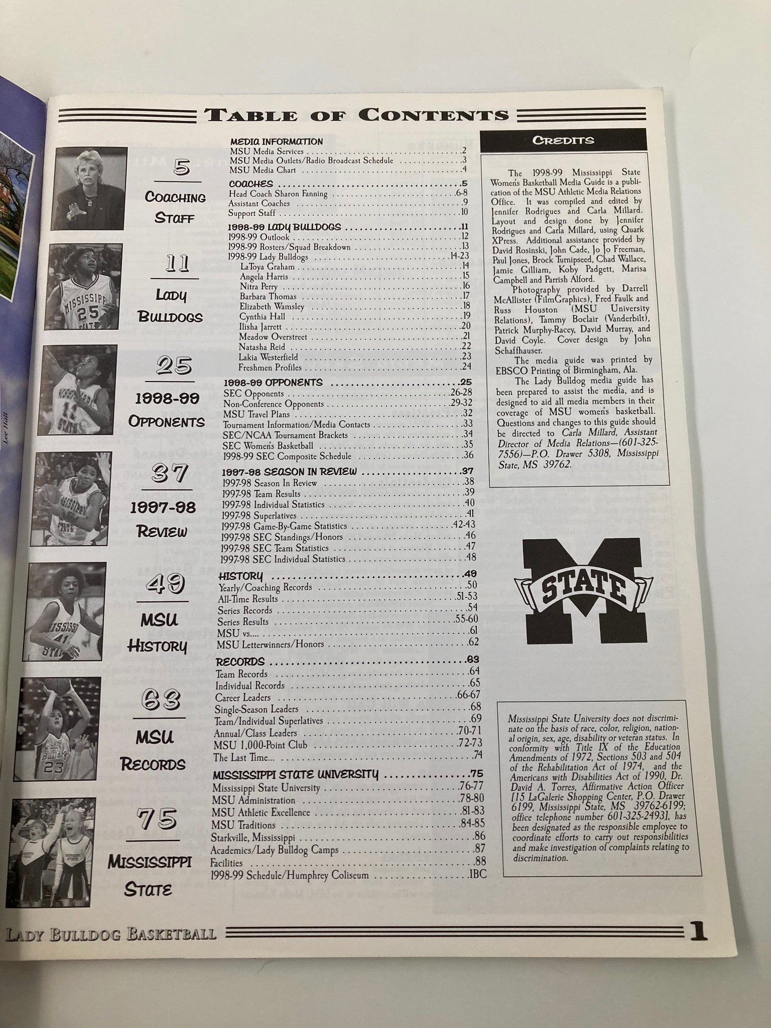 Table of contents page from the 1999 College Mississippi State University Women's Basketball Media Guide detailing sections on coaching staff, players, and game statistics.