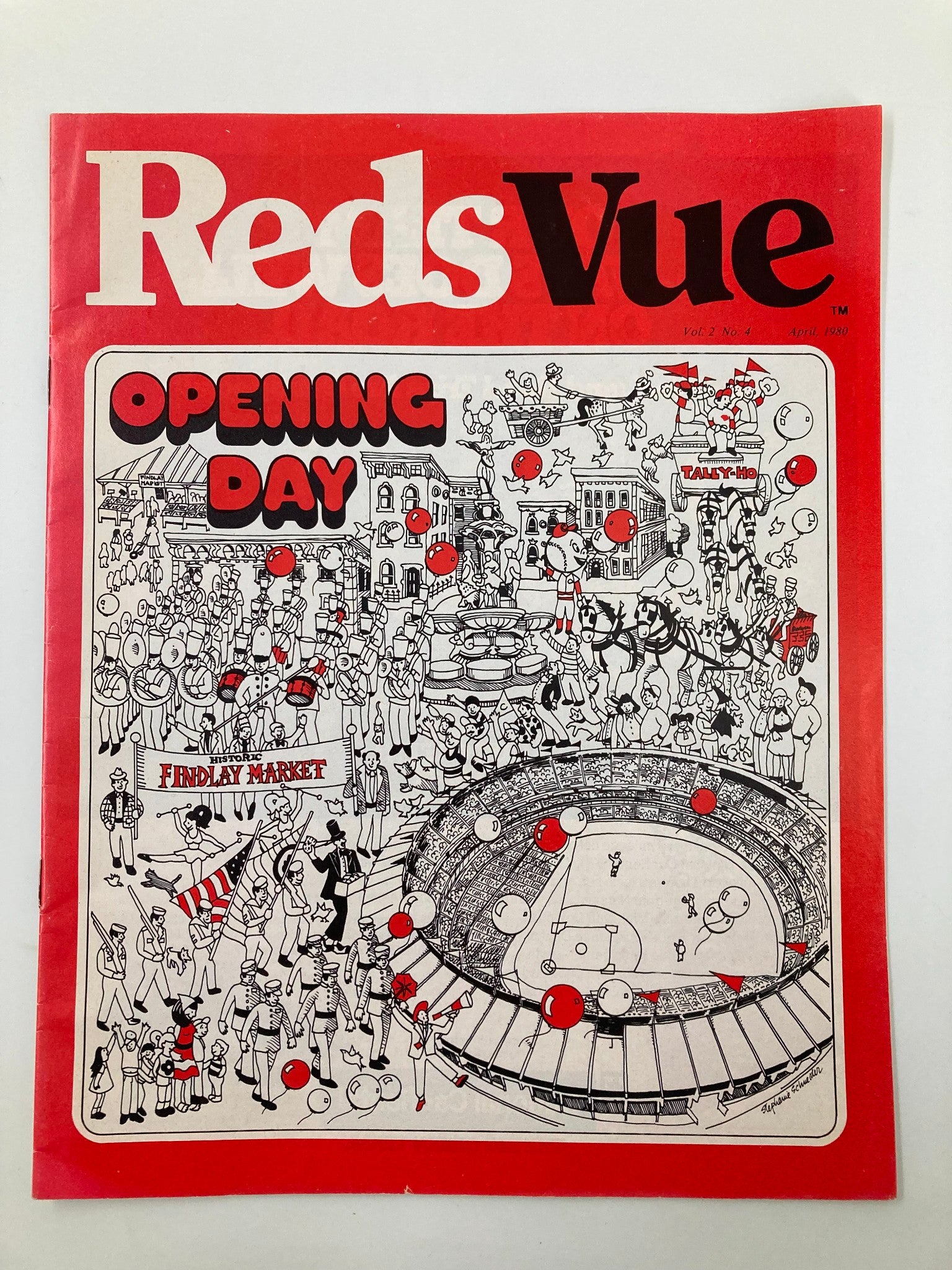 April 1980 Vol 2 #4 MLB Cincinnati Reds Reds Vue Official Program cover featuring a colorful illustration celebrating Opening Day at the baseball stadium, showcasing crowds, musicians, and market scenes.