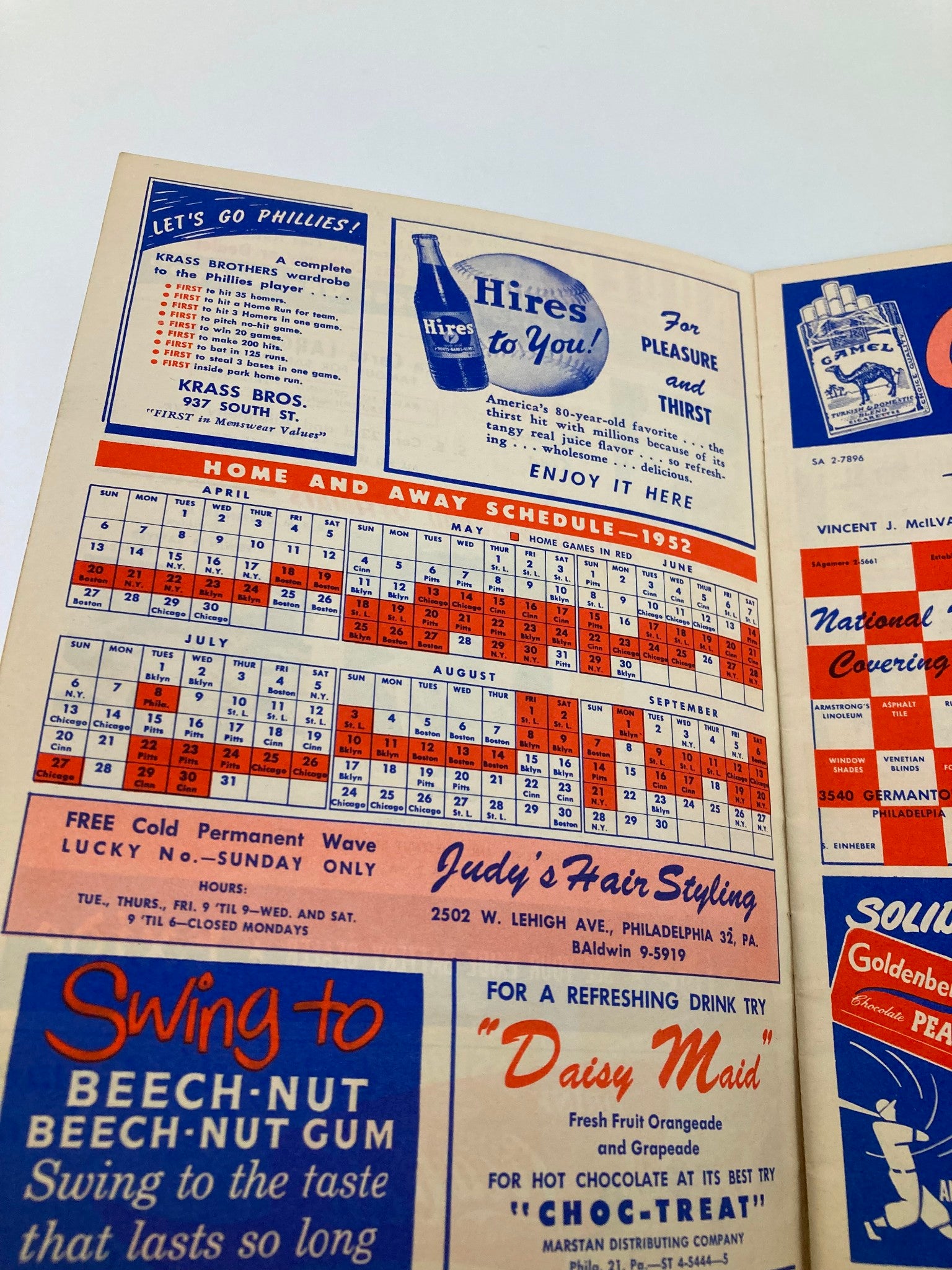 1952 MLB Philadelphia Phillies vs Atlanta Braves Official Score Card