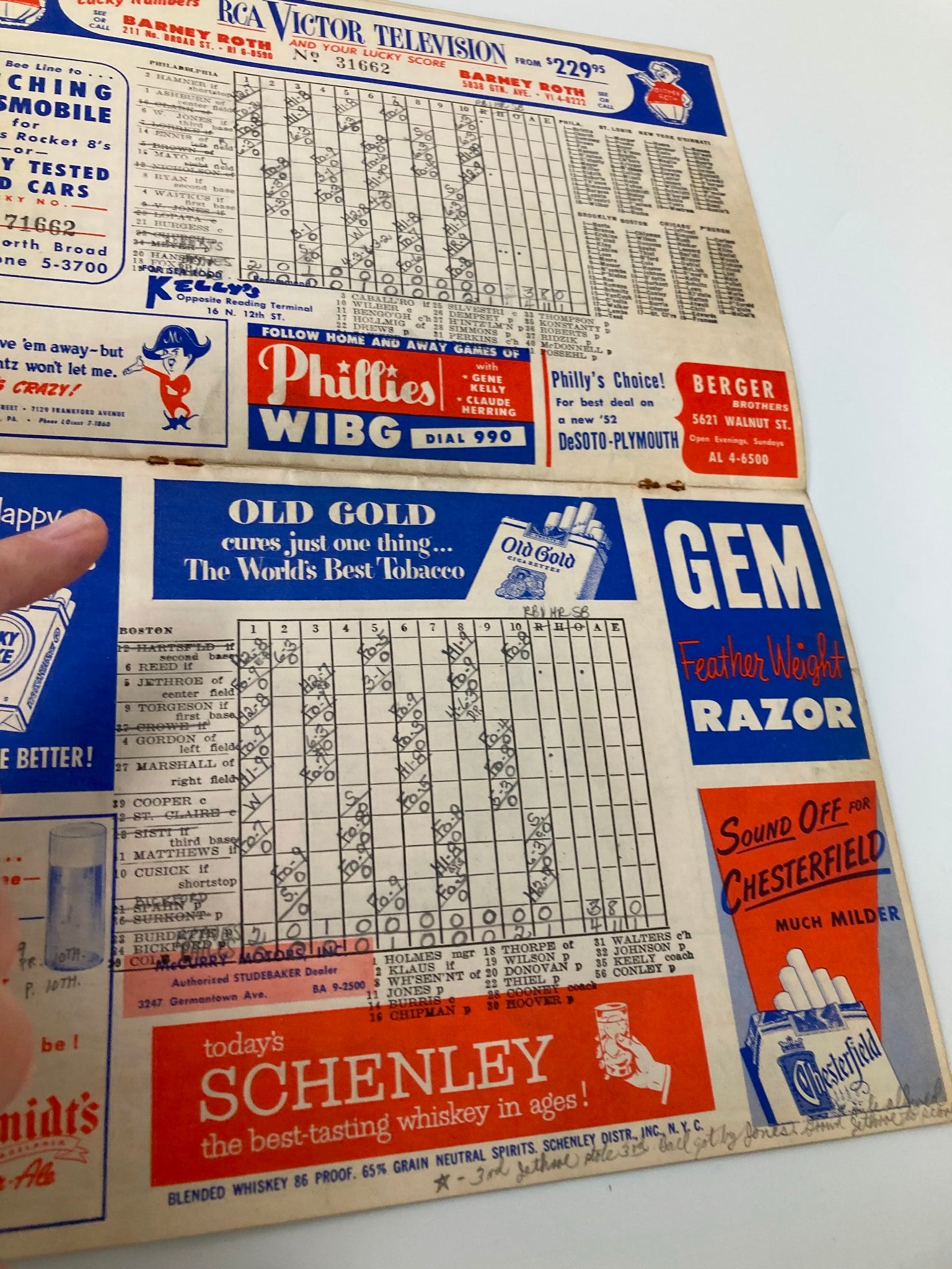 1952 MLB Philadelphia Phillies vs Atlanta Braves Official Score Card