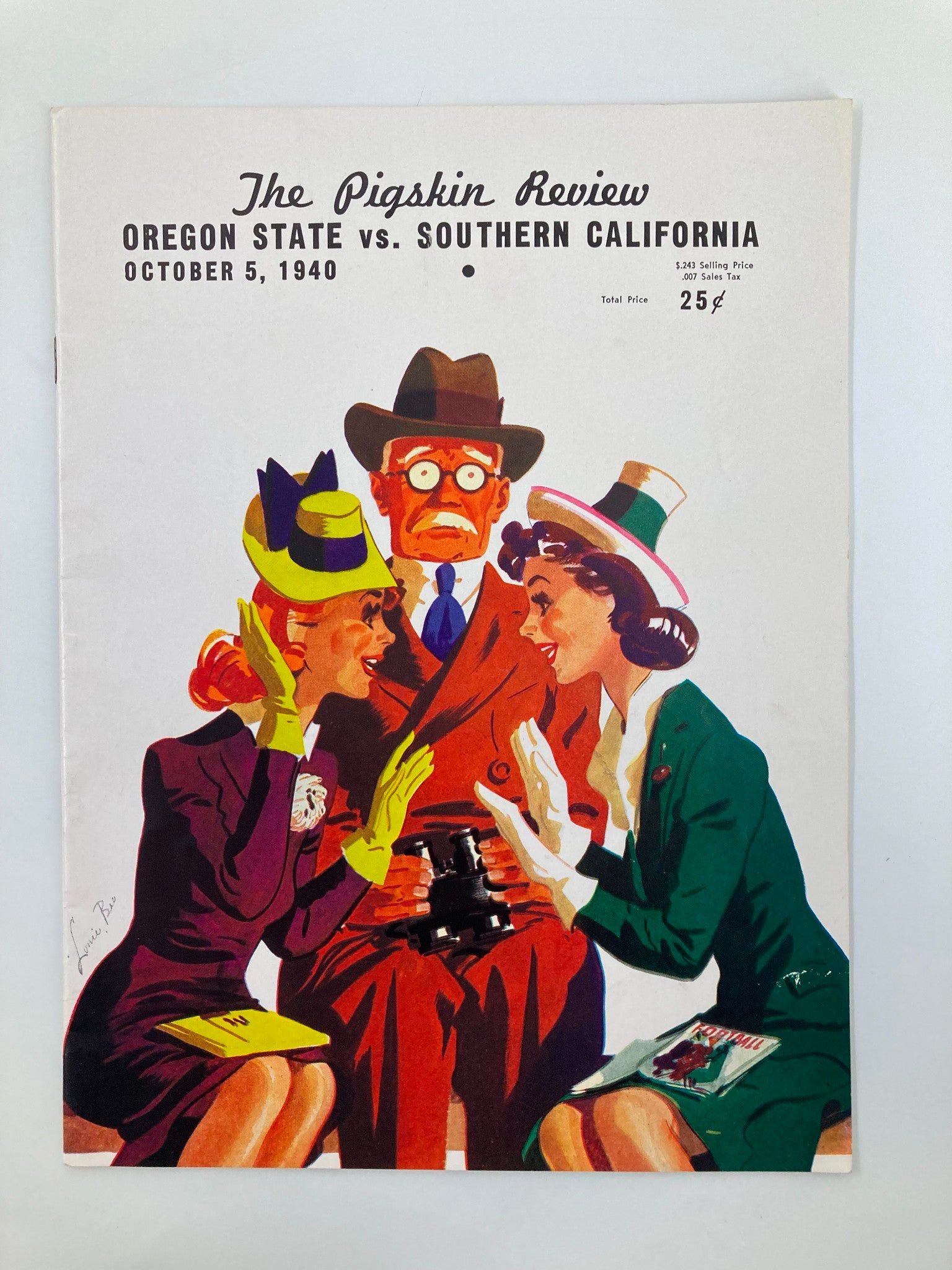 Cover of 'The Pigskin Review' featuring the 1940 NCAA Football game between USC Trojans and Oregon State Beavers, illustrating two women in vintage attire engaging with a startled man, dated October 5, 1940.