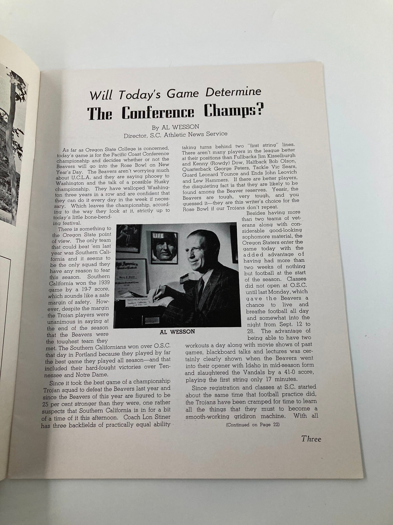 Page from 'The Pigskin Review' discussing the significance of the game between USC Trojans and Oregon State Beavers for conference championship consideration, author Al Wesson's commentary included.