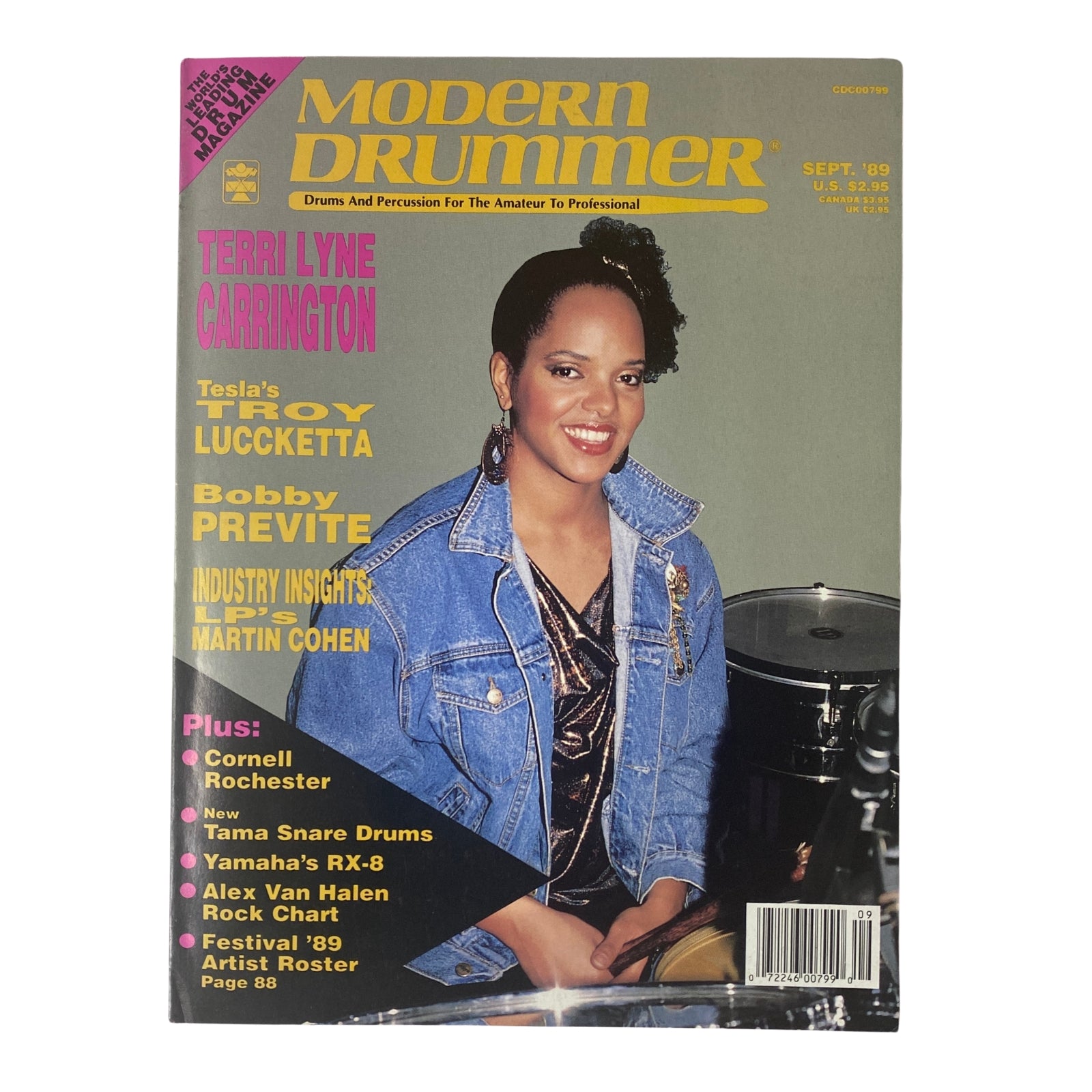 Modern Drummer Magazine September 1989 featuring Terri Lyne Carrington on the cover, highlighting her influence in jazz and fusion along with additional content about Troy Luccketta and Bobby Previte.