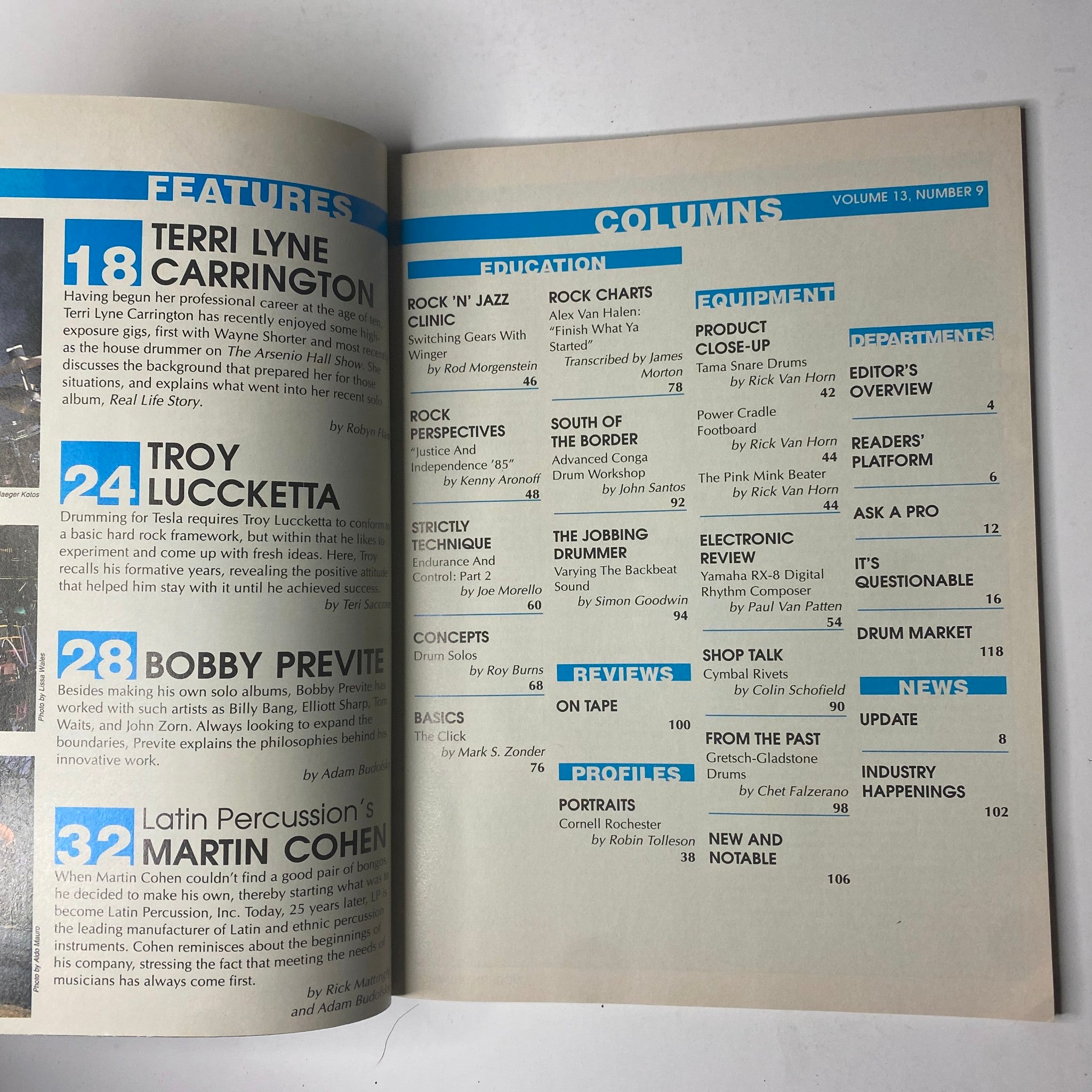 Inside page of Modern Drummer Magazine September 1989 showcasing features including Terri Lyne Carrington, Troy Luccketta, and educational columns.