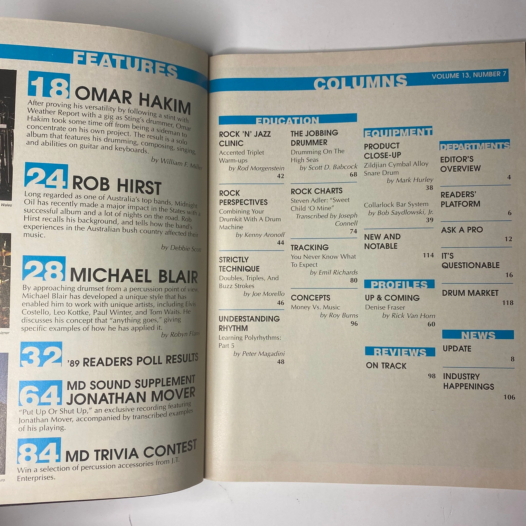 Inside page of Modern Drummer Magazine July 1989 featuring articles on Omar Hakim, Rob Hirst, and Michael Blair, along with educational columns and equipment reviews.