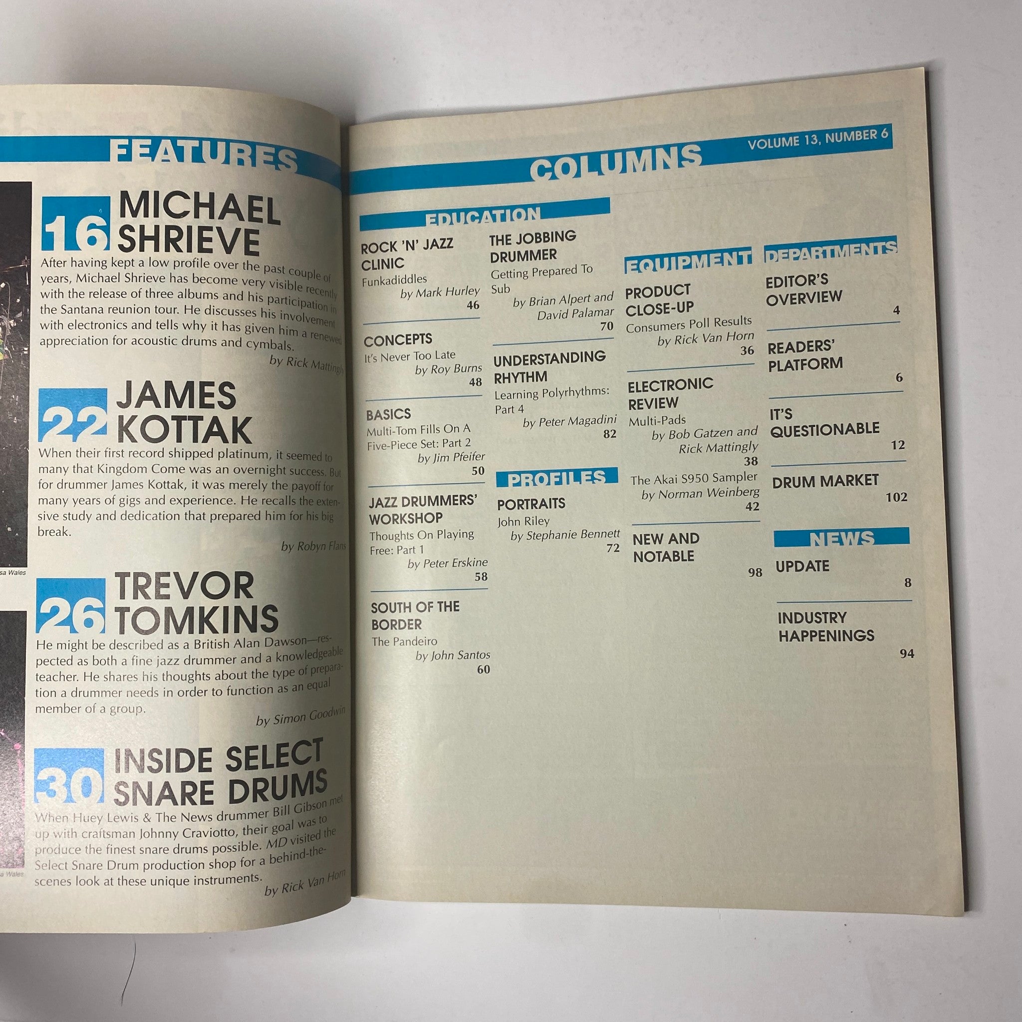 Interior page of Modern Drummer Magazine June 1989, detailing feature articles and columns including Michael Shrieve, James Kottak, and Trevor Tomkins.