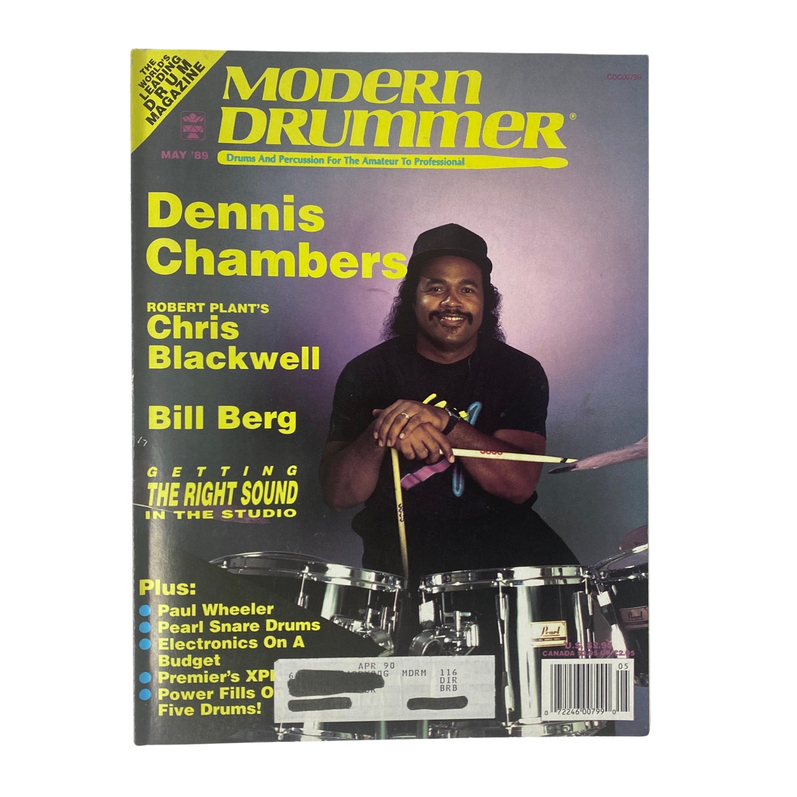Cover of Modern Drummer Magazine May 1989 featuring Dennis Chambers, highlighting his interview along with articles on Chris Blackwell and Bill Berg.