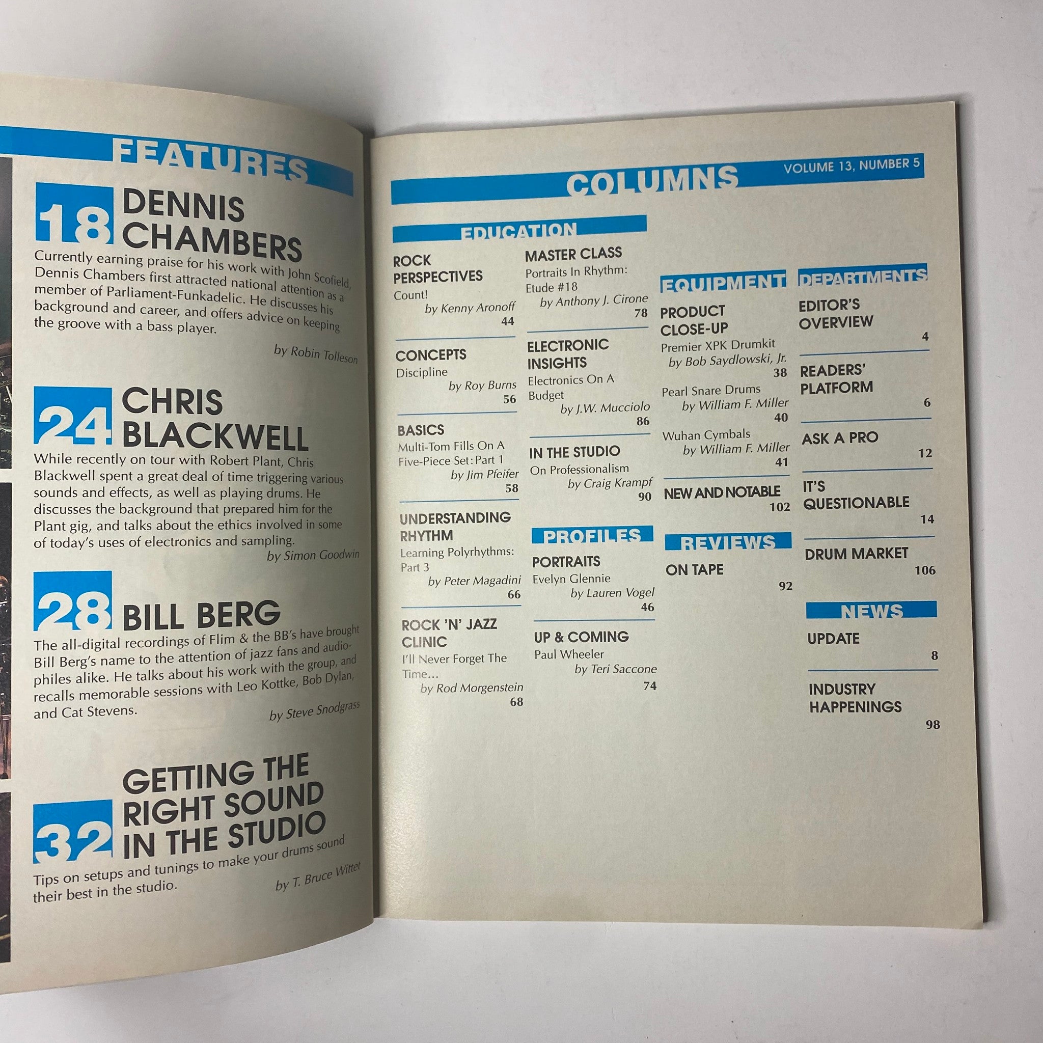 Inside spread of Modern Drummer Magazine May 1989 displaying features on Dennis Chambers, Chris Blackwell, and Bill Berg, alongside a column layout.