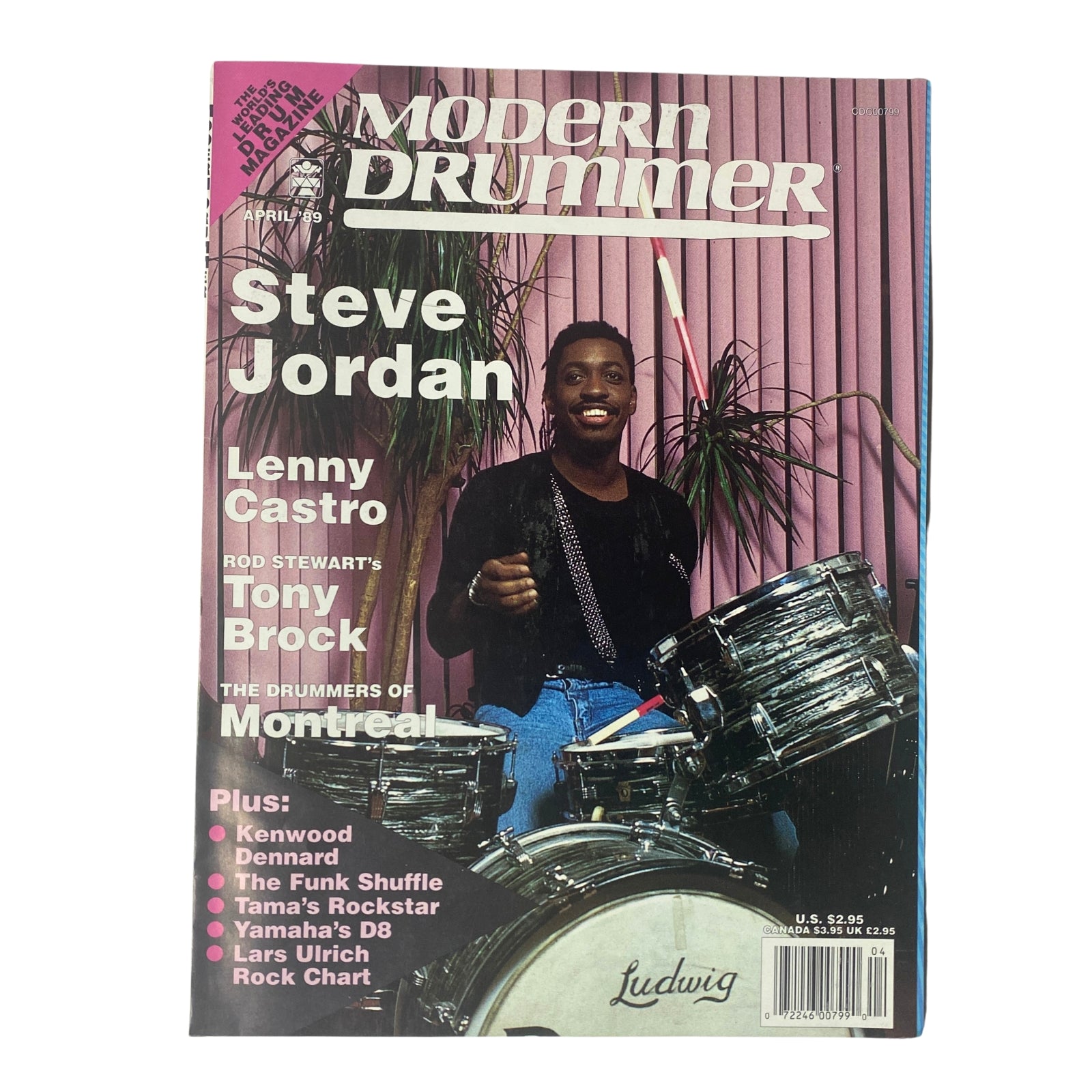 Cover of Modern Drummer Magazine April 1989 featuring Steve Jordan, Lenny Castro, Tony Brock, and The Drummers of Montreal. Highlighting discussions on drumming techniques and industry insights.
