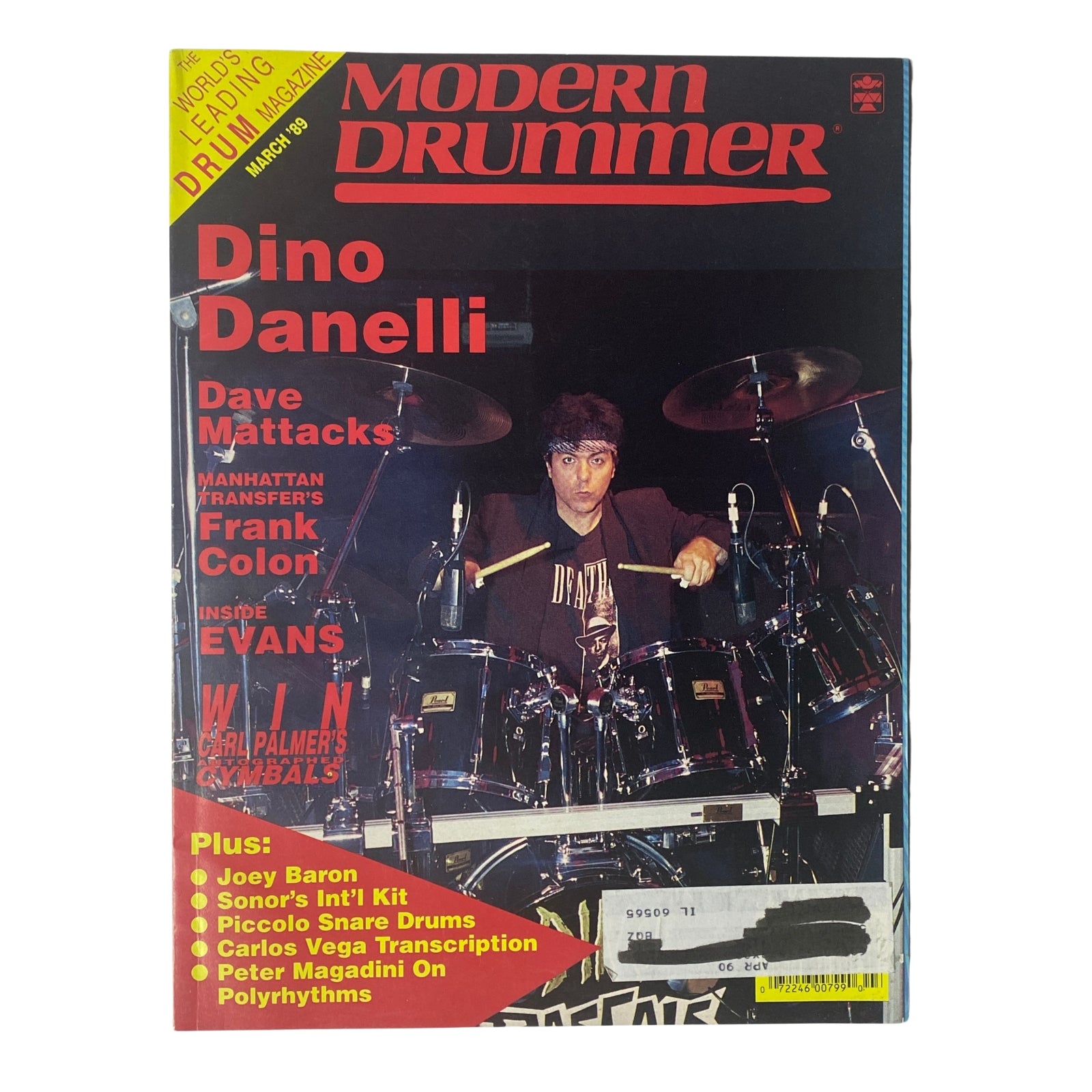 Modern Drummer Magazine March 1989 featuring Dino Danelli on the cover, highlighting his drumming with The Rascals and iconic jazz-rock fusion style.