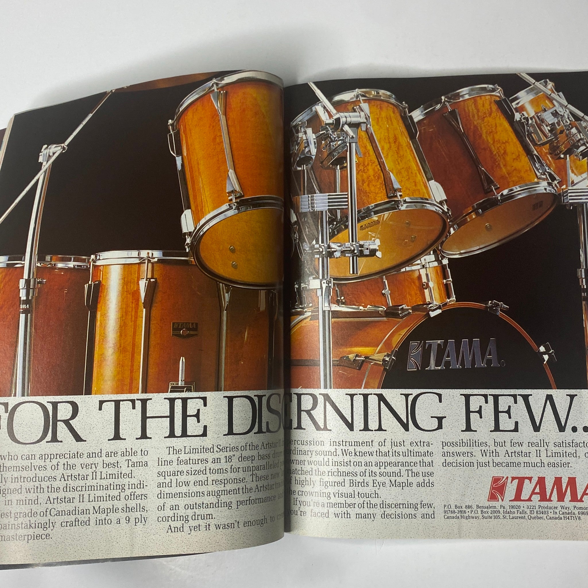 Advertisement for Tama drums in Modern Drummer Magazine February 1989, showcasing the Limited Series with a vintage wood finish.