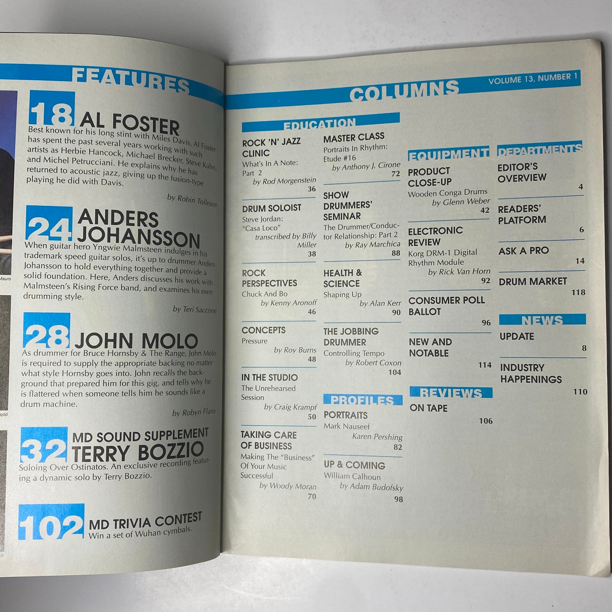 Inside page of Modern Drummer Magazine January 1989 showcasing feature articles on Al Foster, Anders Johansson, John Molo, and educational columns, emphasizing the magazine's content and layout.