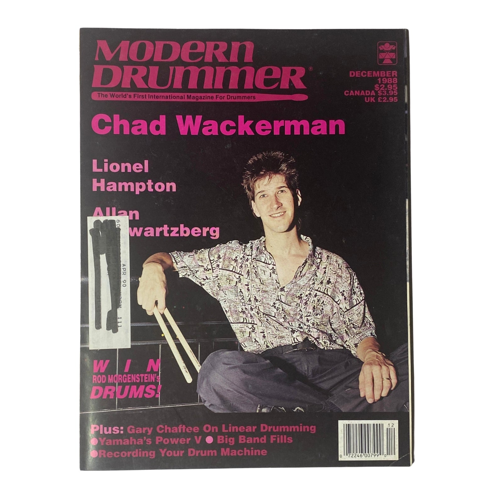 Cover of Modern Drummer Magazine December 1988 featuring Chad Wackerman, highlighting articles on Lionel Hampton and Allan Schwartzberg, in Very Good condition.