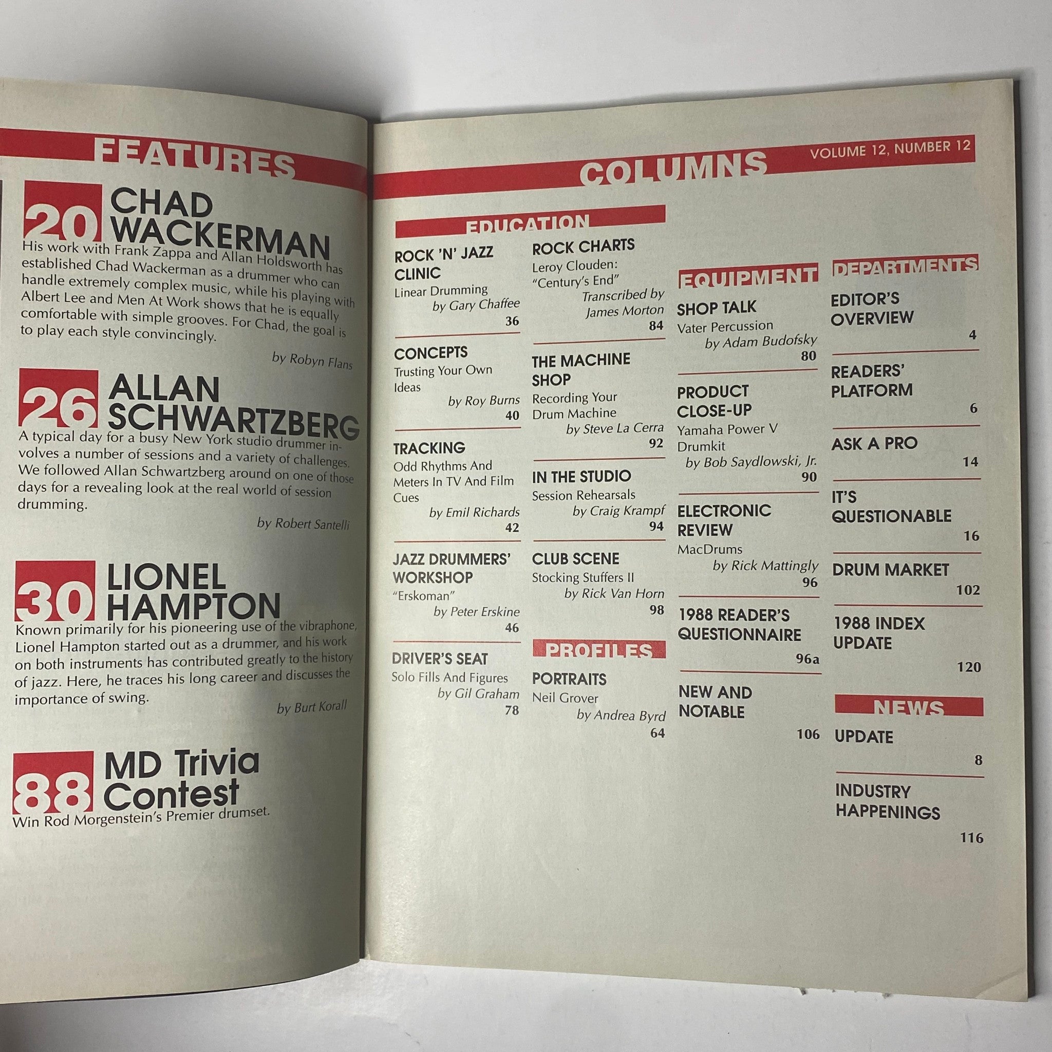 Table of contents from Modern Drummer Magazine December 1988, listing features including Chad Wackerman, Allan Schwartzberg, and Lionel Hampton, with educational columns and trivia contest.