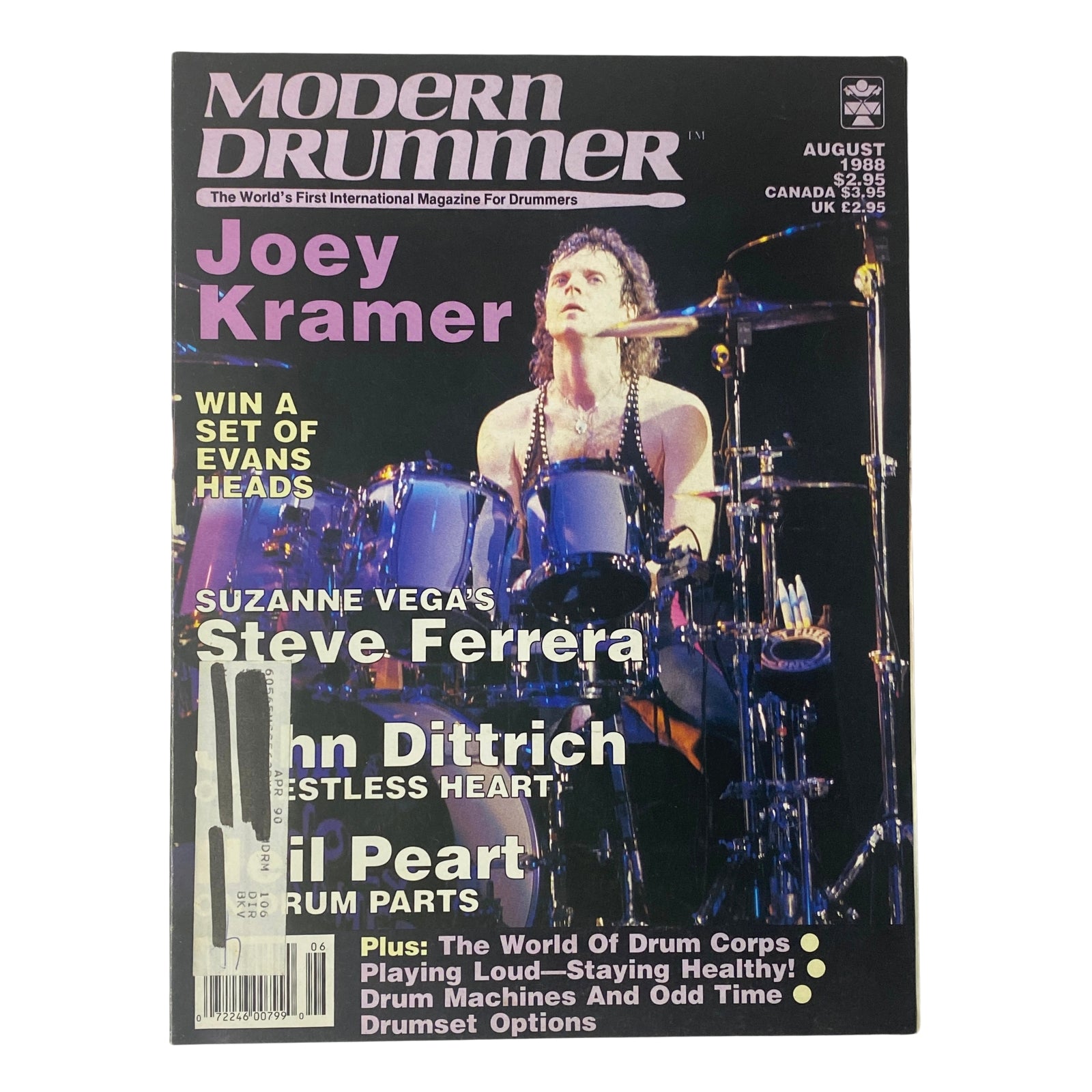 Cover of Modern Drummer Magazine August 1988 featuring Joey Kramer, with headlines about Steve Ferrera and John Dittrich, showcasing an iconic moment in drumming history.