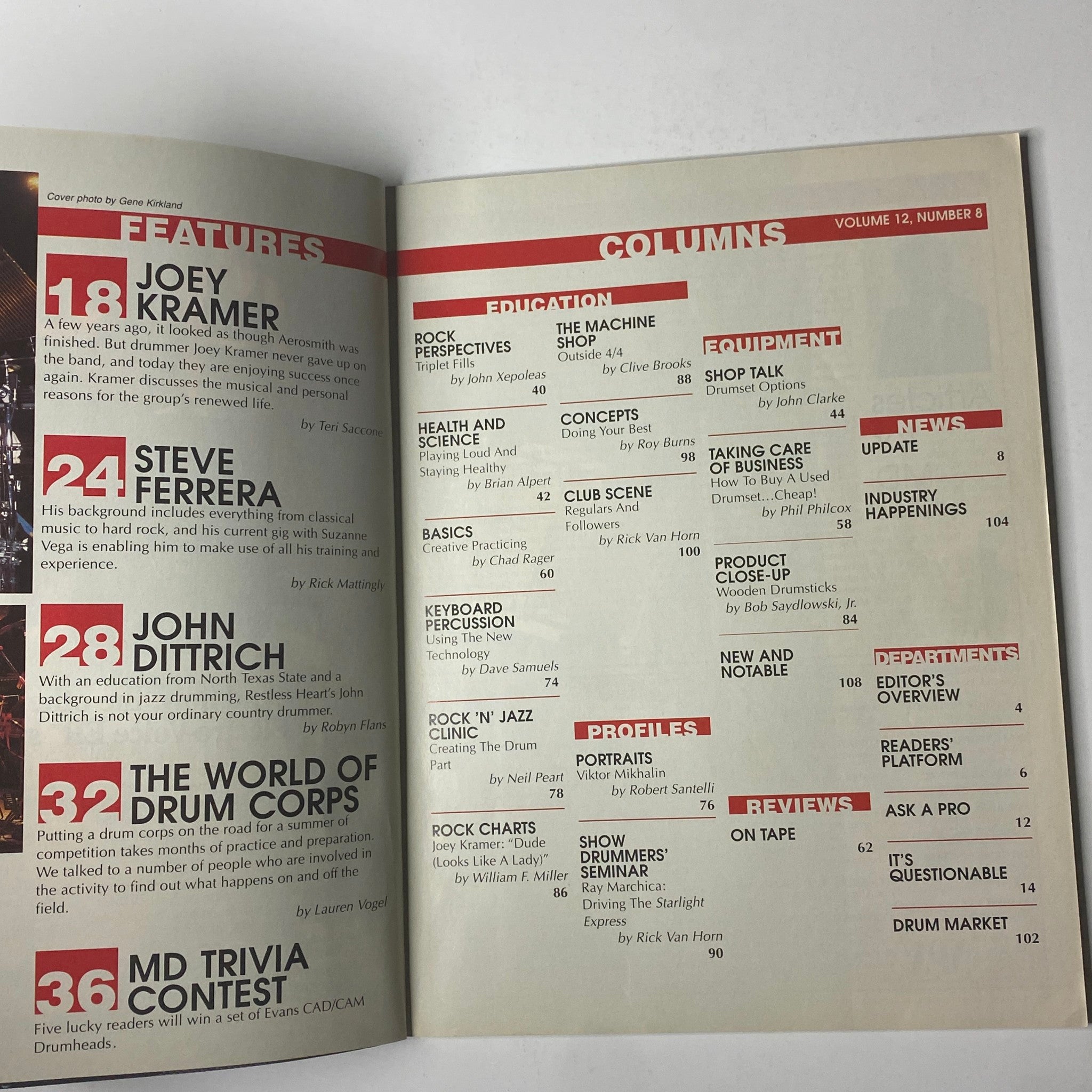 Inside page of Modern Drummer Magazine August 1988, highlighting features and educational columns, including Joey Kramer, Steve Ferrera, and drum corps discussions.