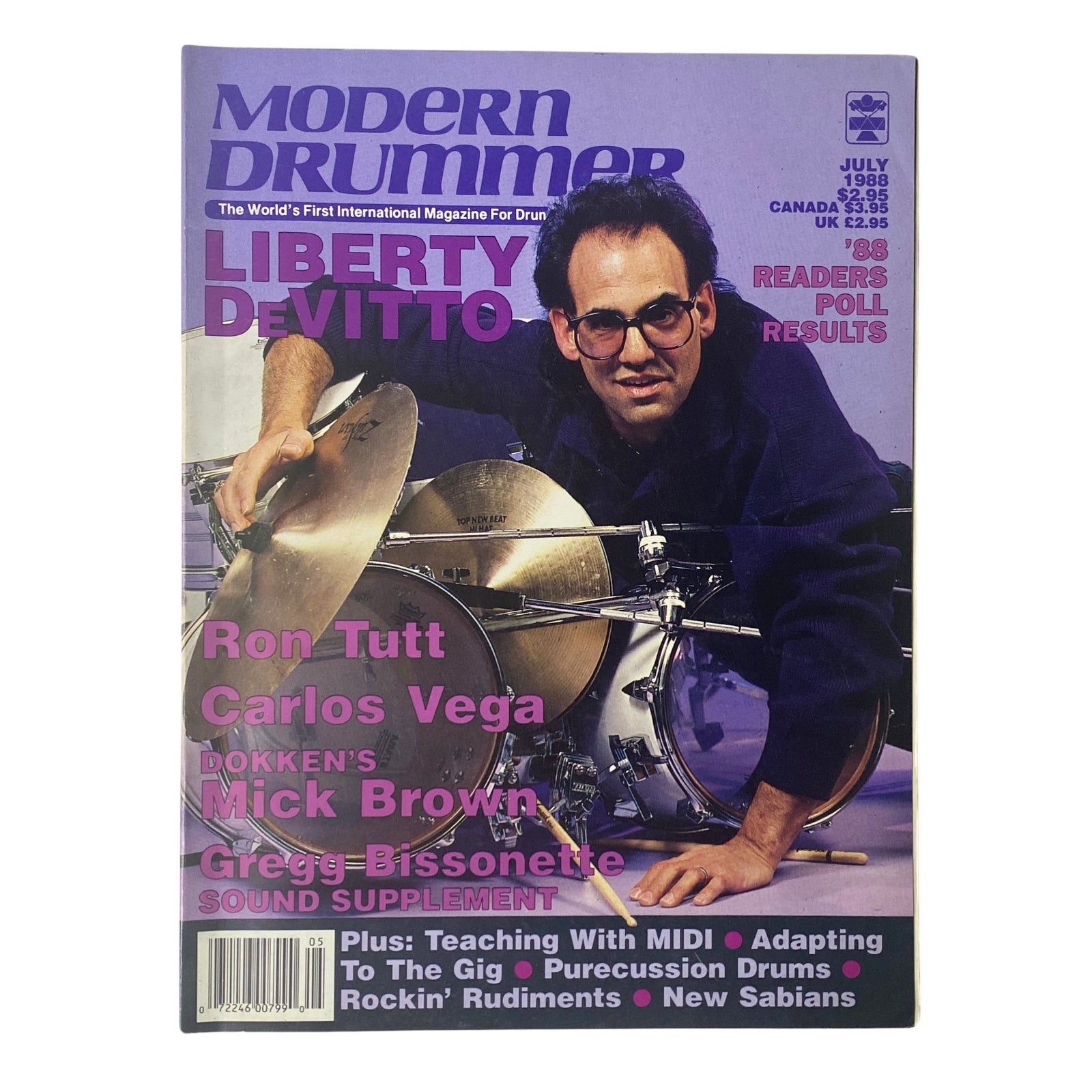 Modern Drummer Magazine July 1988 featuring Liberty DeVitto on the cover with a colorful design and features including Ron Tutt and Carlos Vega.