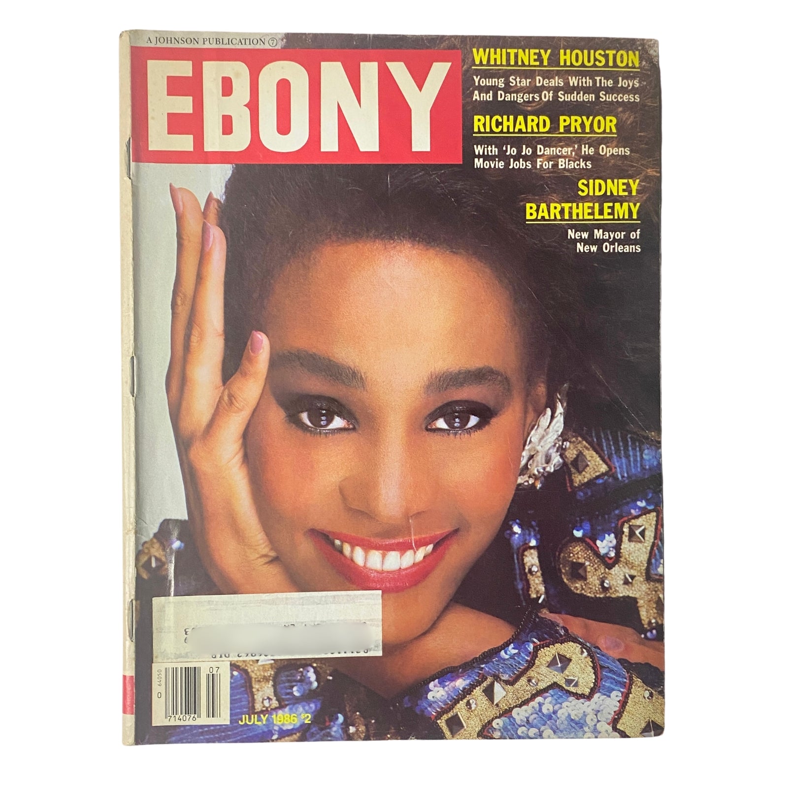 Ebony Magazine July 1986 cover featuring Whitney Houston, highlighting her youthful beauty and discussing her rise to fame, along with features on Richard Pryor and Sidney Barthelemy, the new Mayor of New Orleans.