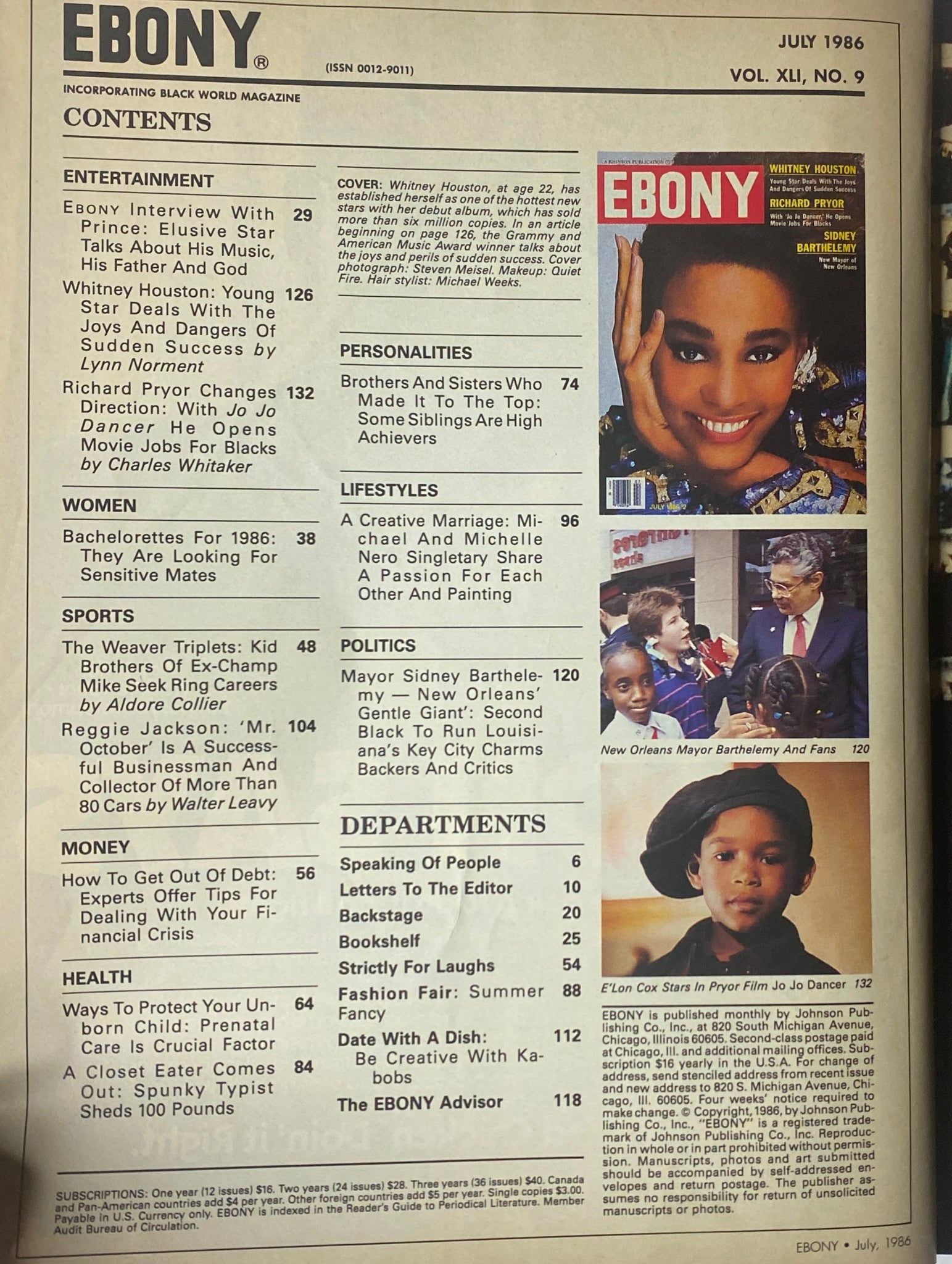 Contents page of Ebony Magazine July 1986 featuring Whitney Houston on the cover. The magazine highlights entertainment, personalities, lifestyles, politics, and health topics of the time.
