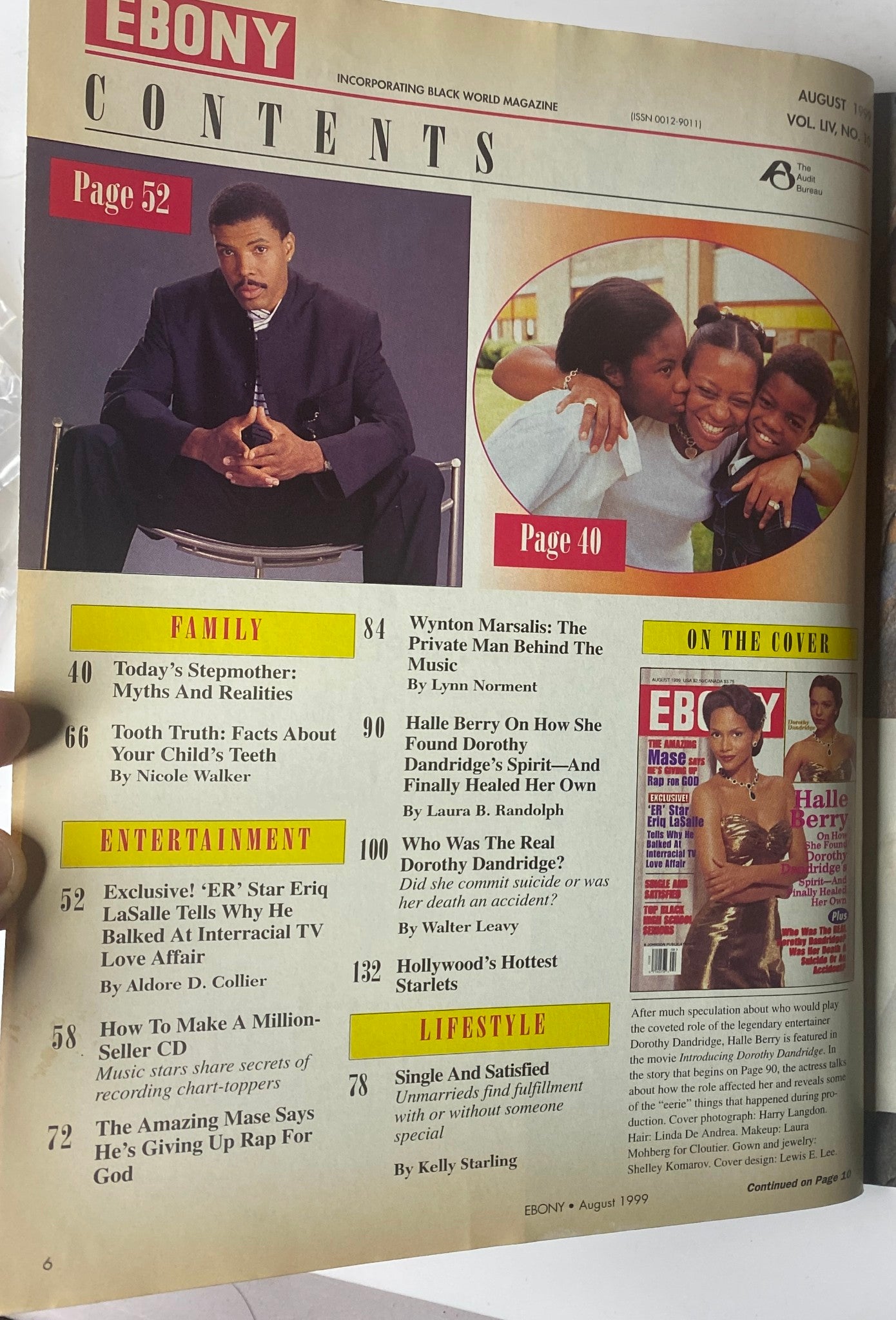 Contents page of Ebony Magazine August 1999, highlighting articles including Halle Berry's exploration of Dorothy Dandridge's legacy and features on family and entertainment.