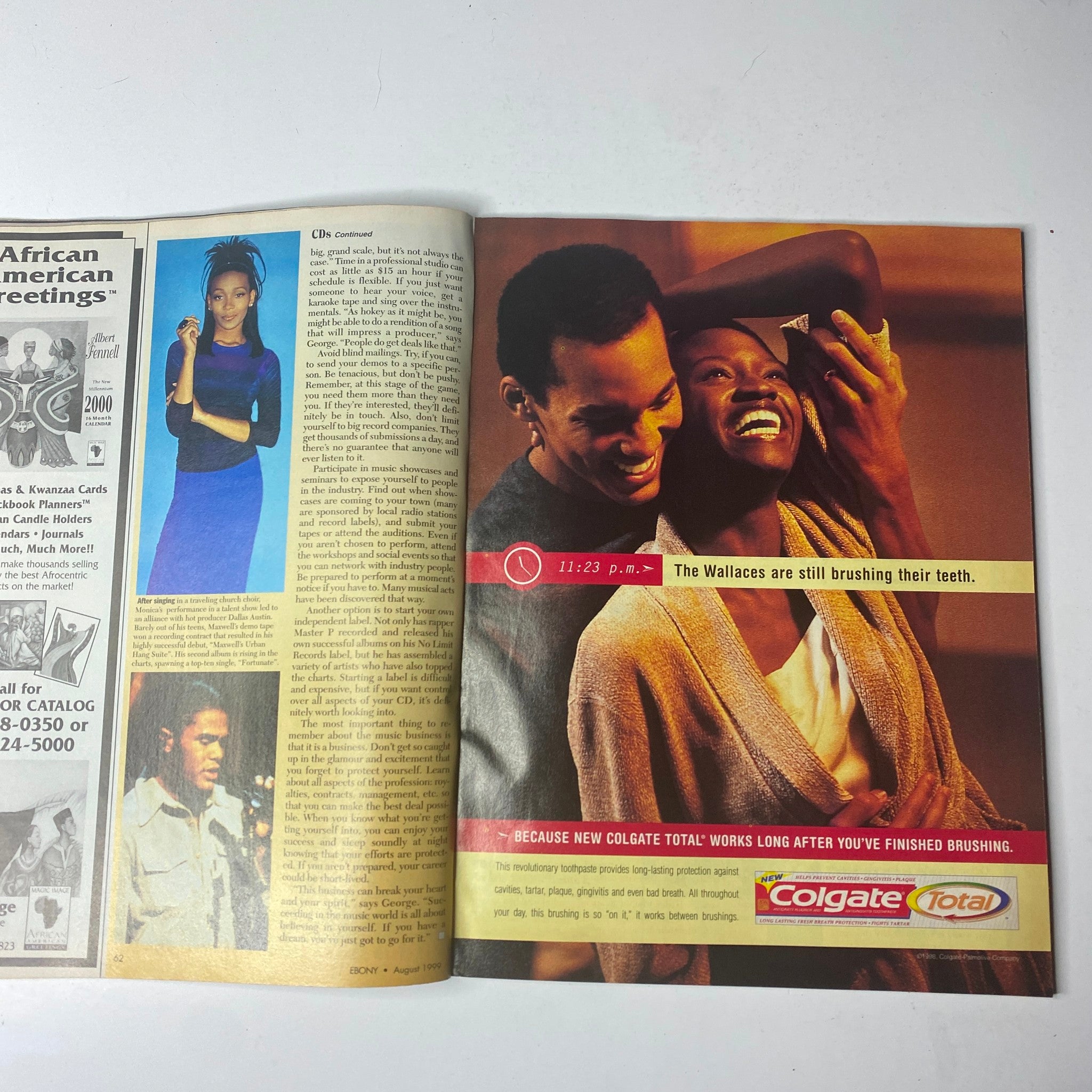 Ebony Magazine August 1999 Halle Berry and Dorothy Dandridge Cover - Inside page featuring an advertisement for Colgate Total, highlighting the brand's focus on dental care with the slogan about brushing teeth.