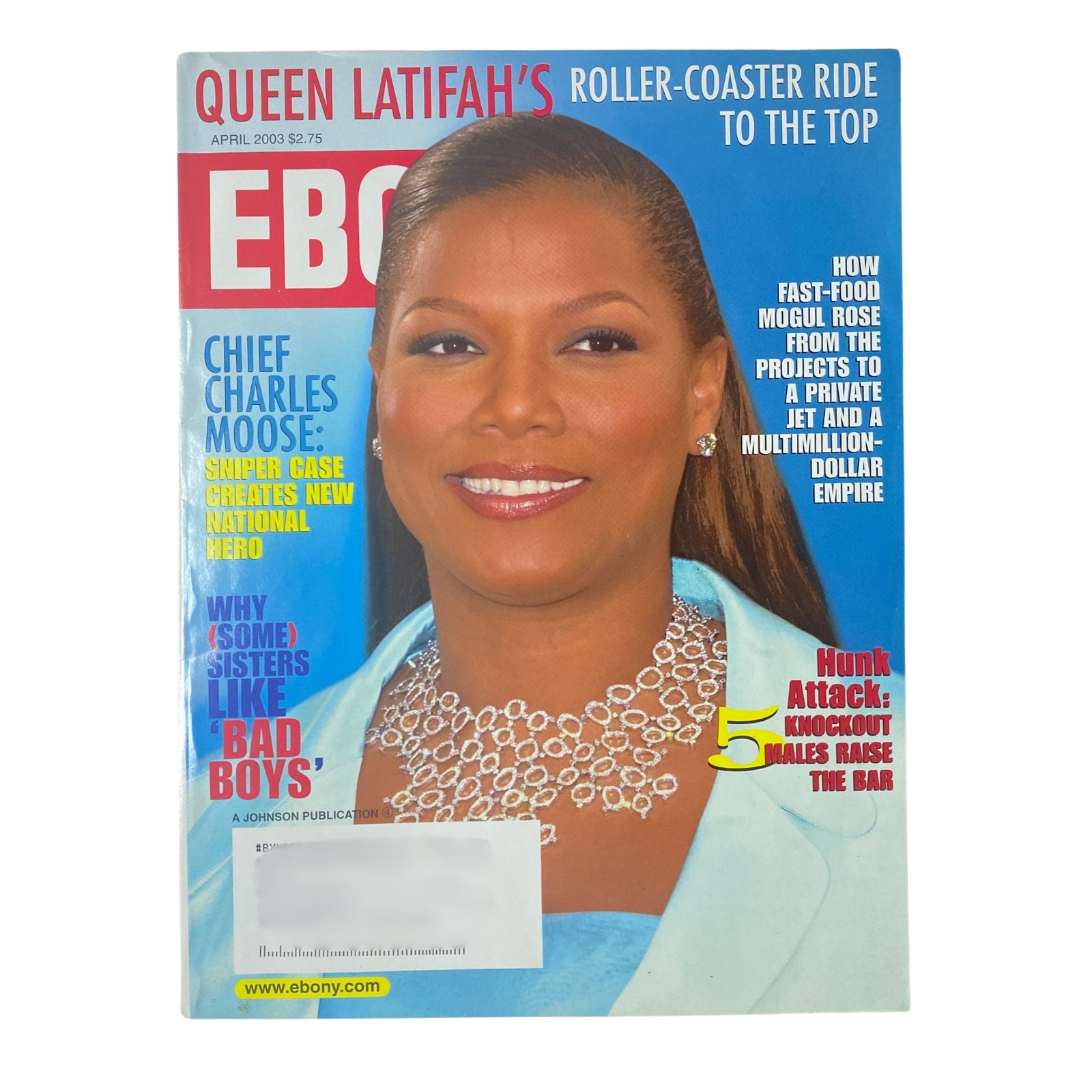 Ebony Magazine April 2003 Queen Latifah Cover featuring Queen Latifah smiling with a stylish hairdo, showcasing her as a cultural icon in the entertainment industry.